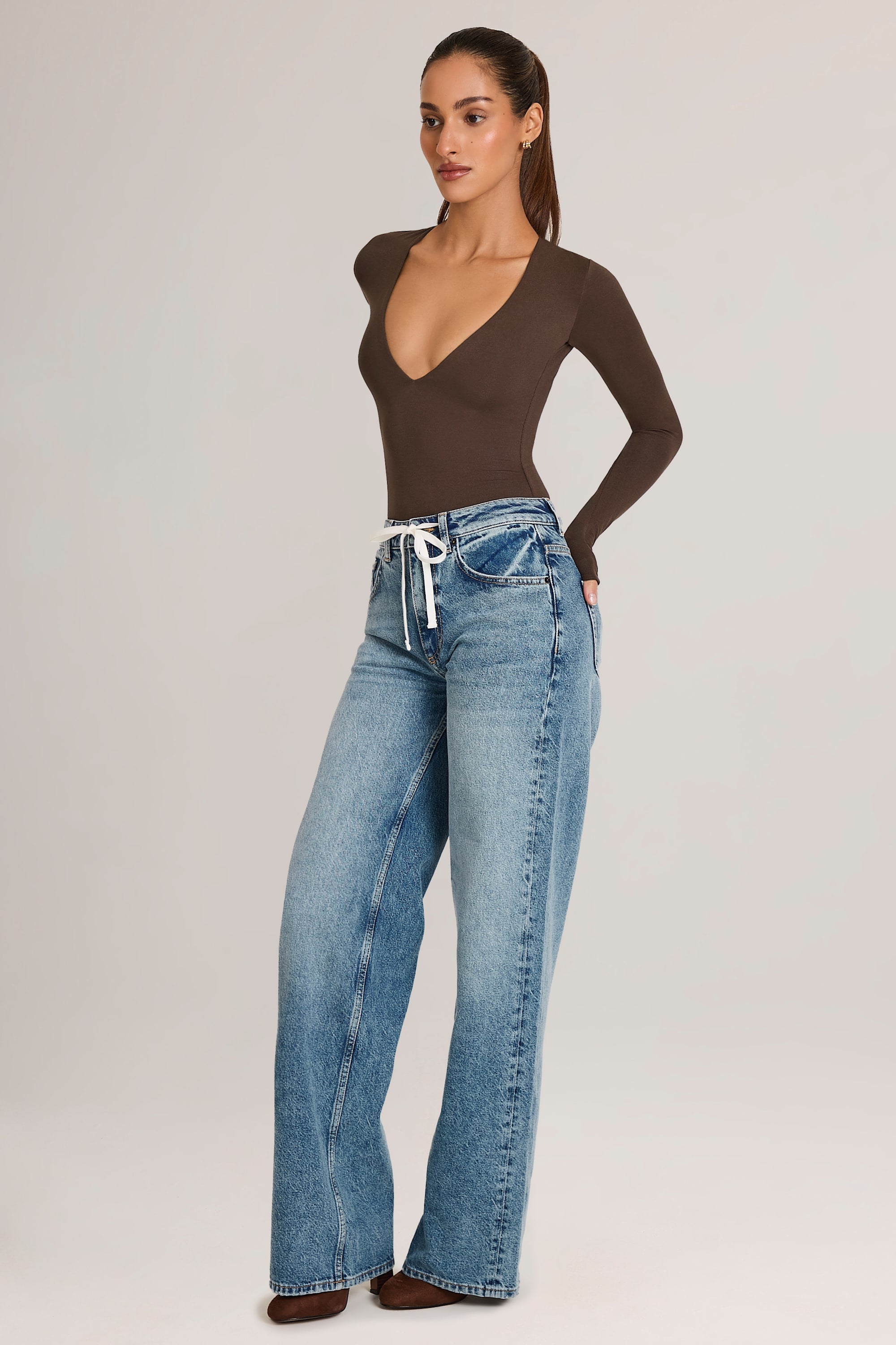 Drawstring Straight-Leg Jeans in Mid Wash