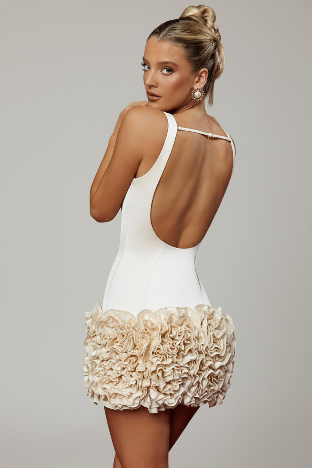 Appliqué Open-Back Mini Dress in Ivory