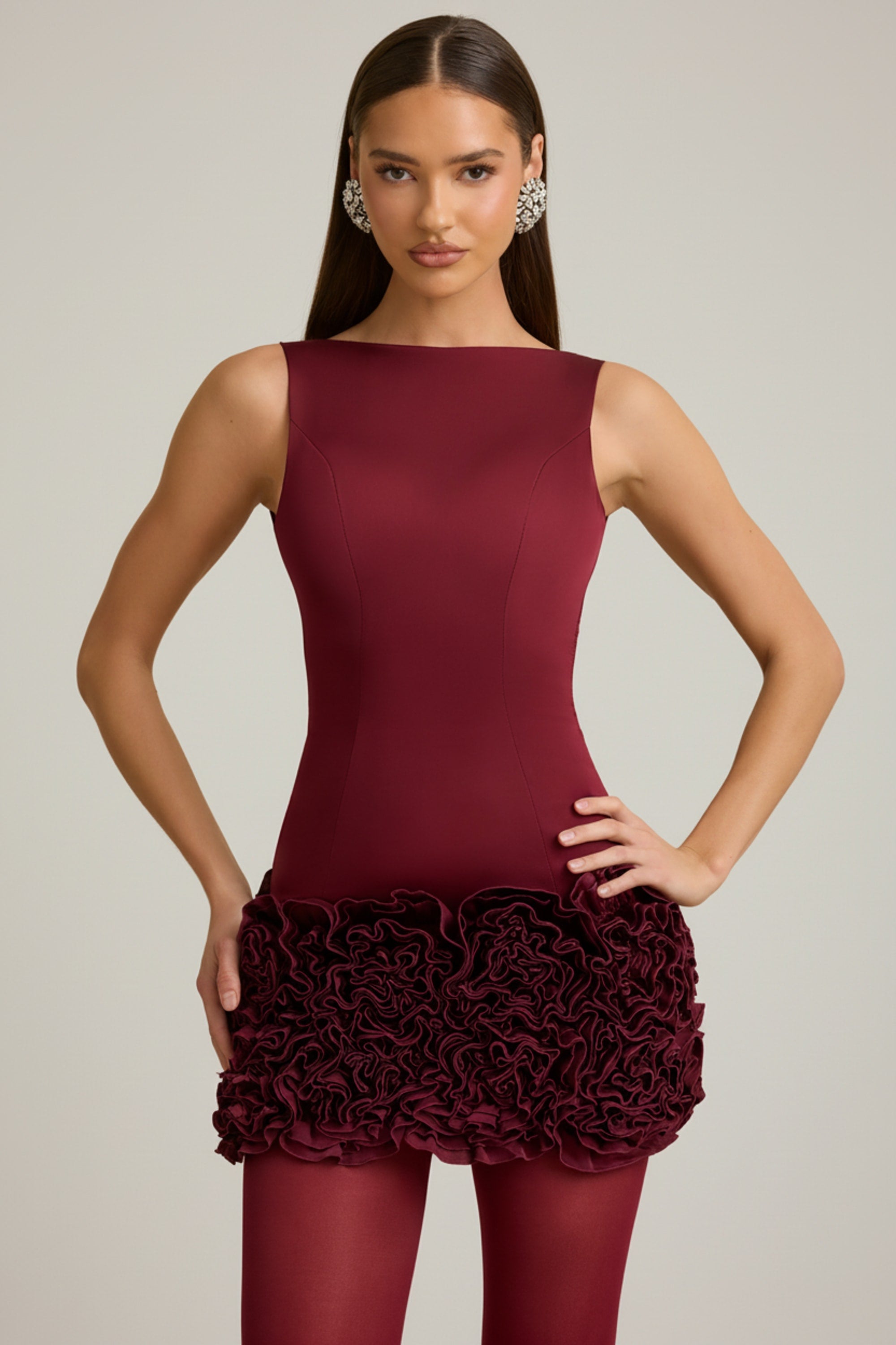 Appliqué Open-Back Mini Dress in Wine Red