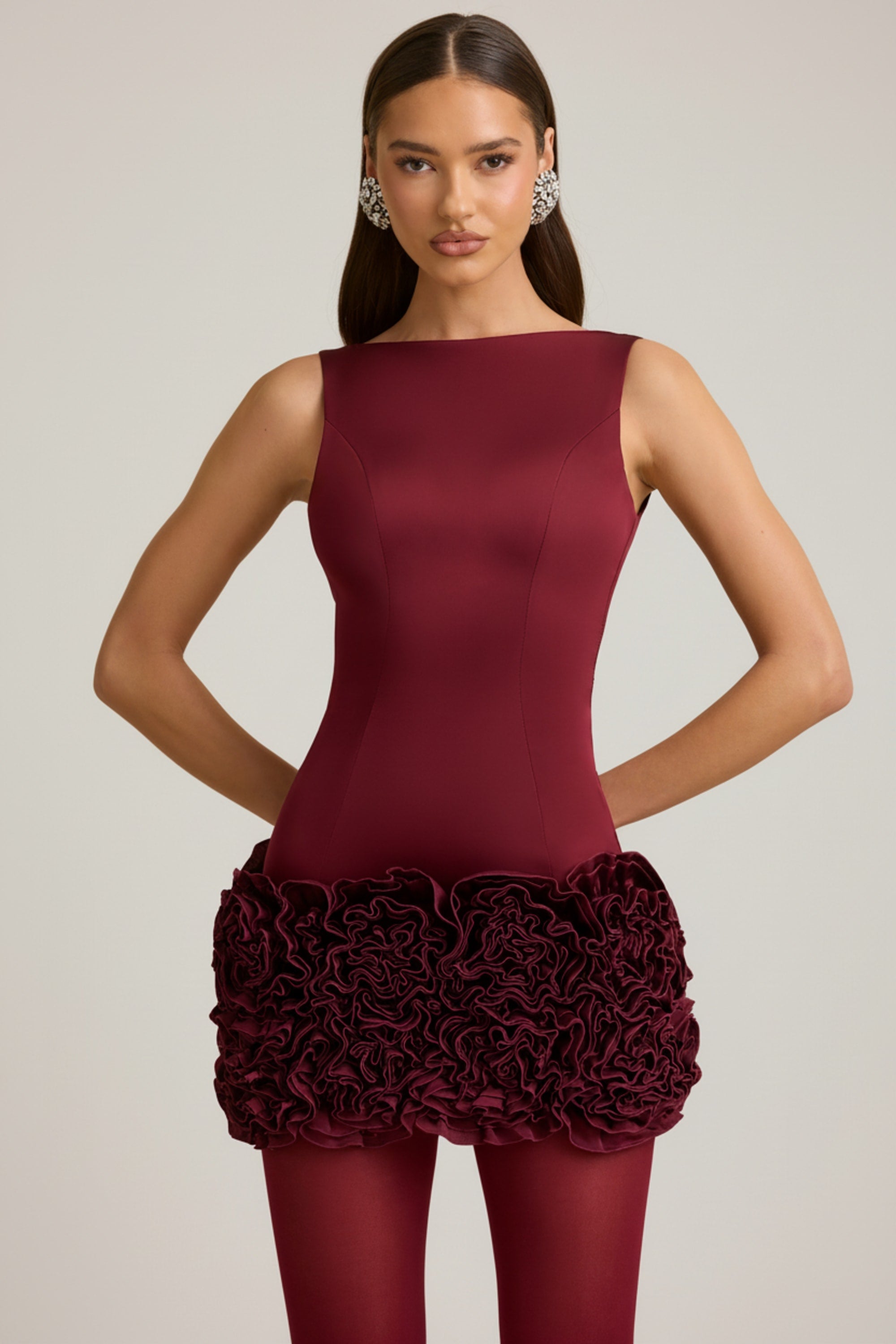 Appliqué Open-Back Mini Dress in Wine Red