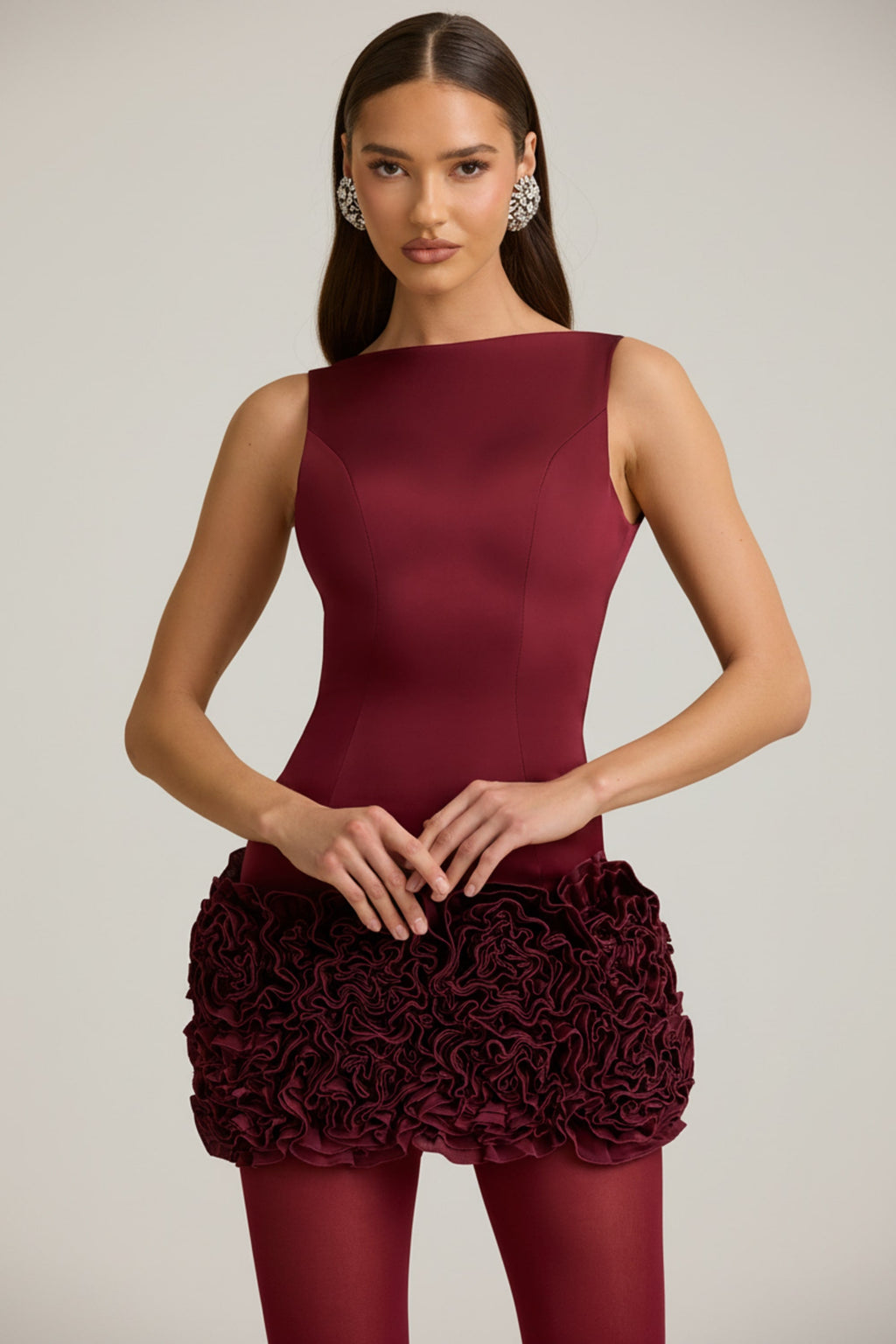 Appliqué Open-Back Mini Dress in Wine Red