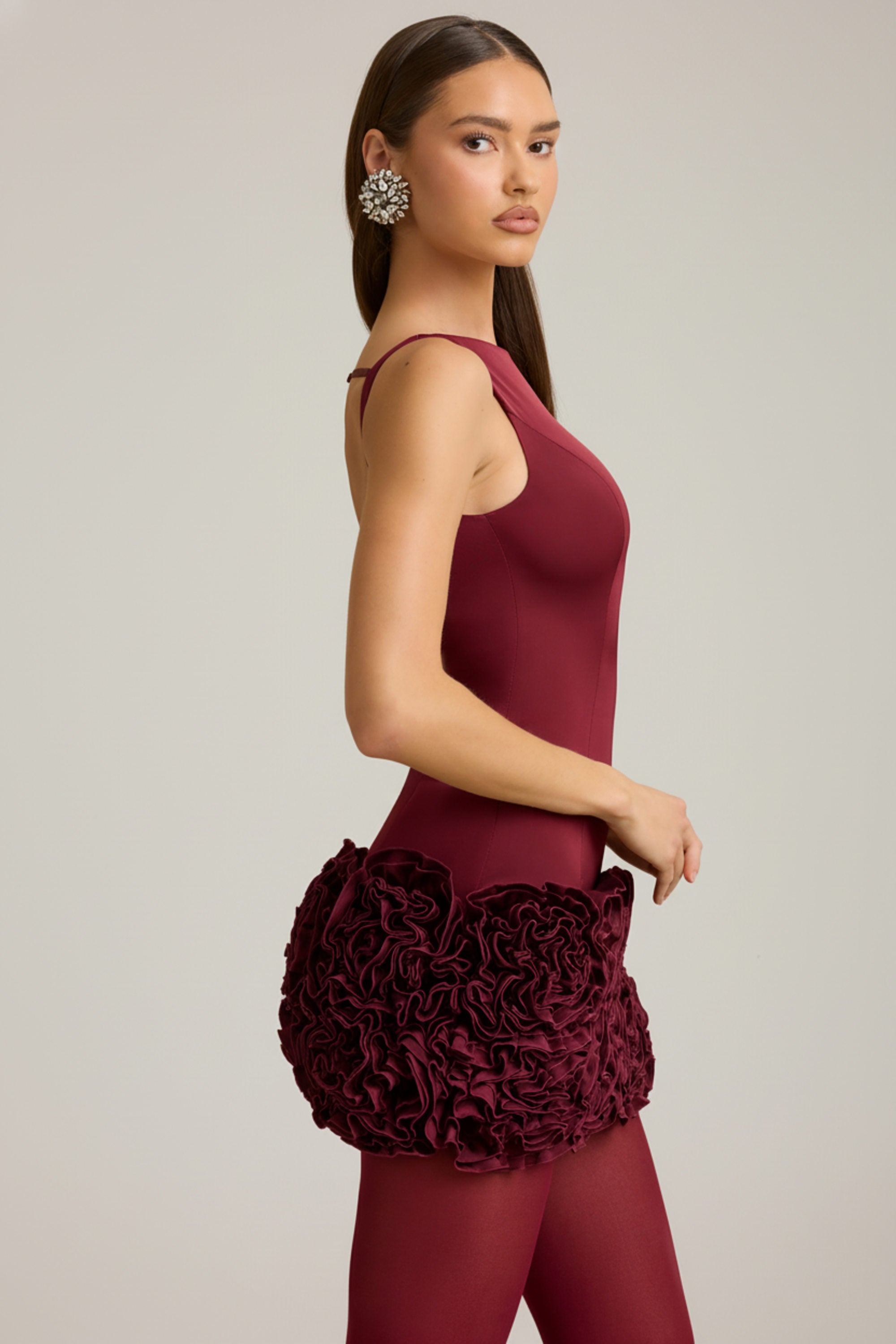 Appliqué Open-Back Mini Dress in Wine Red