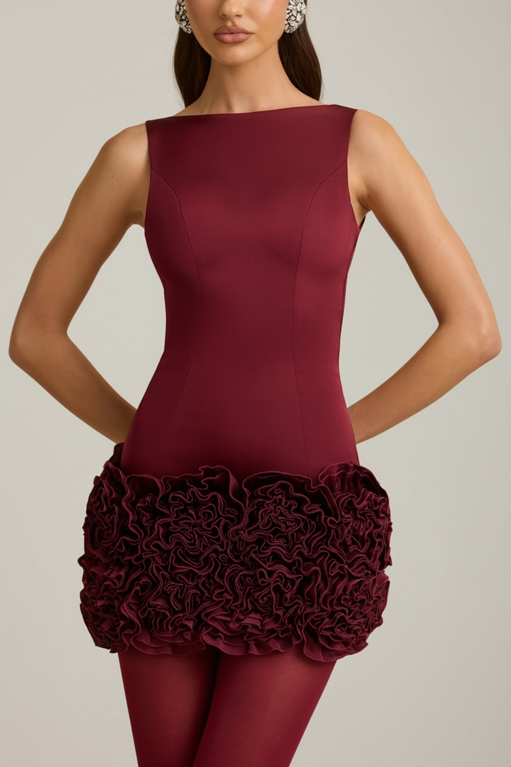 Appliqué Open-Back Mini Dress in Wine Red