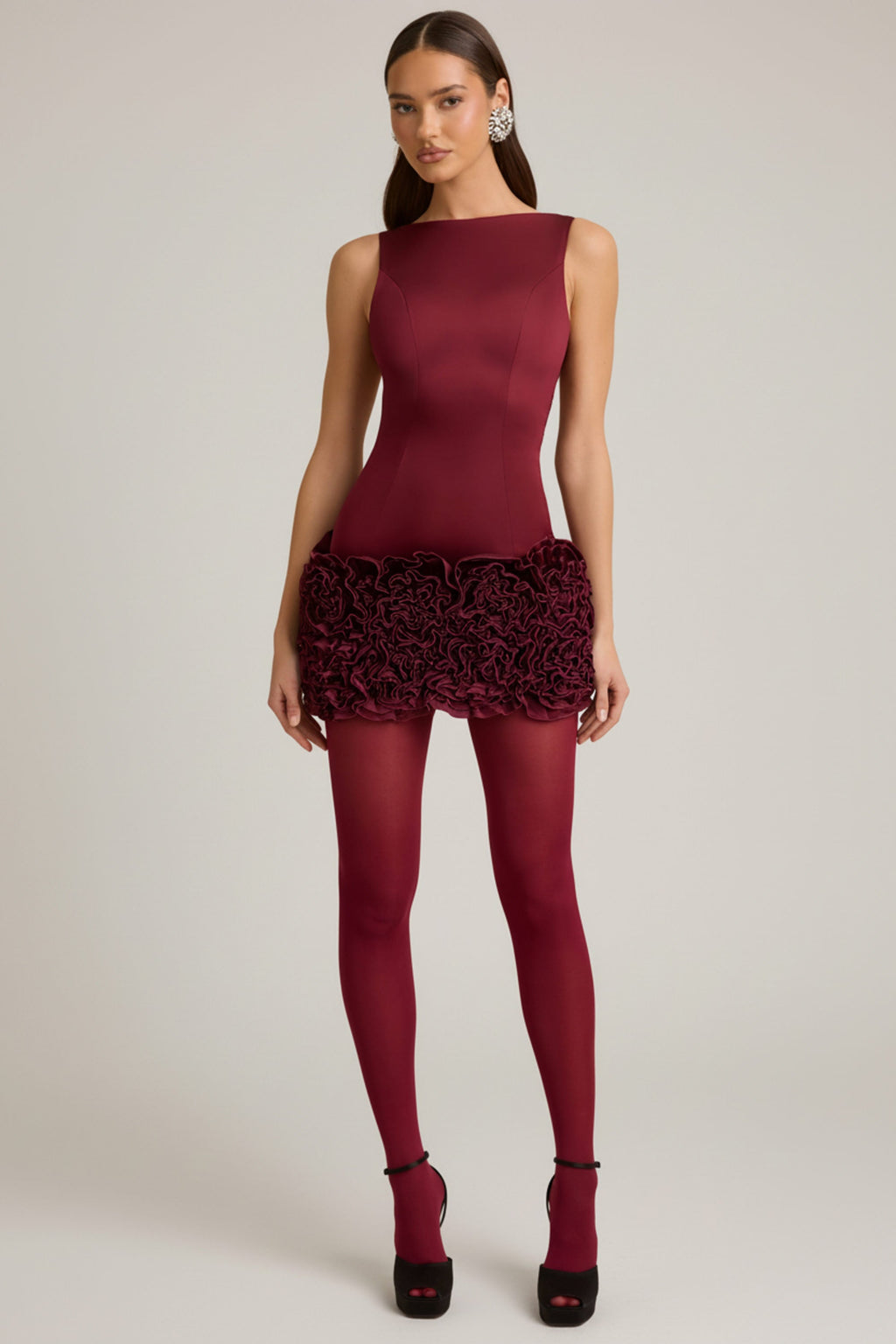Appliqué Open-Back Mini Dress in Wine Red