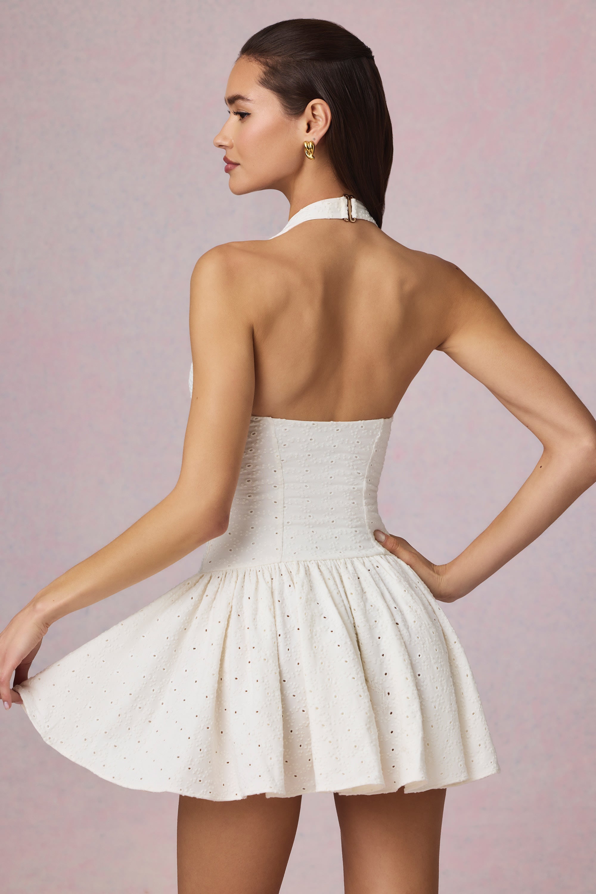 Broderie Anglaise Halterneck Mini Dress in White