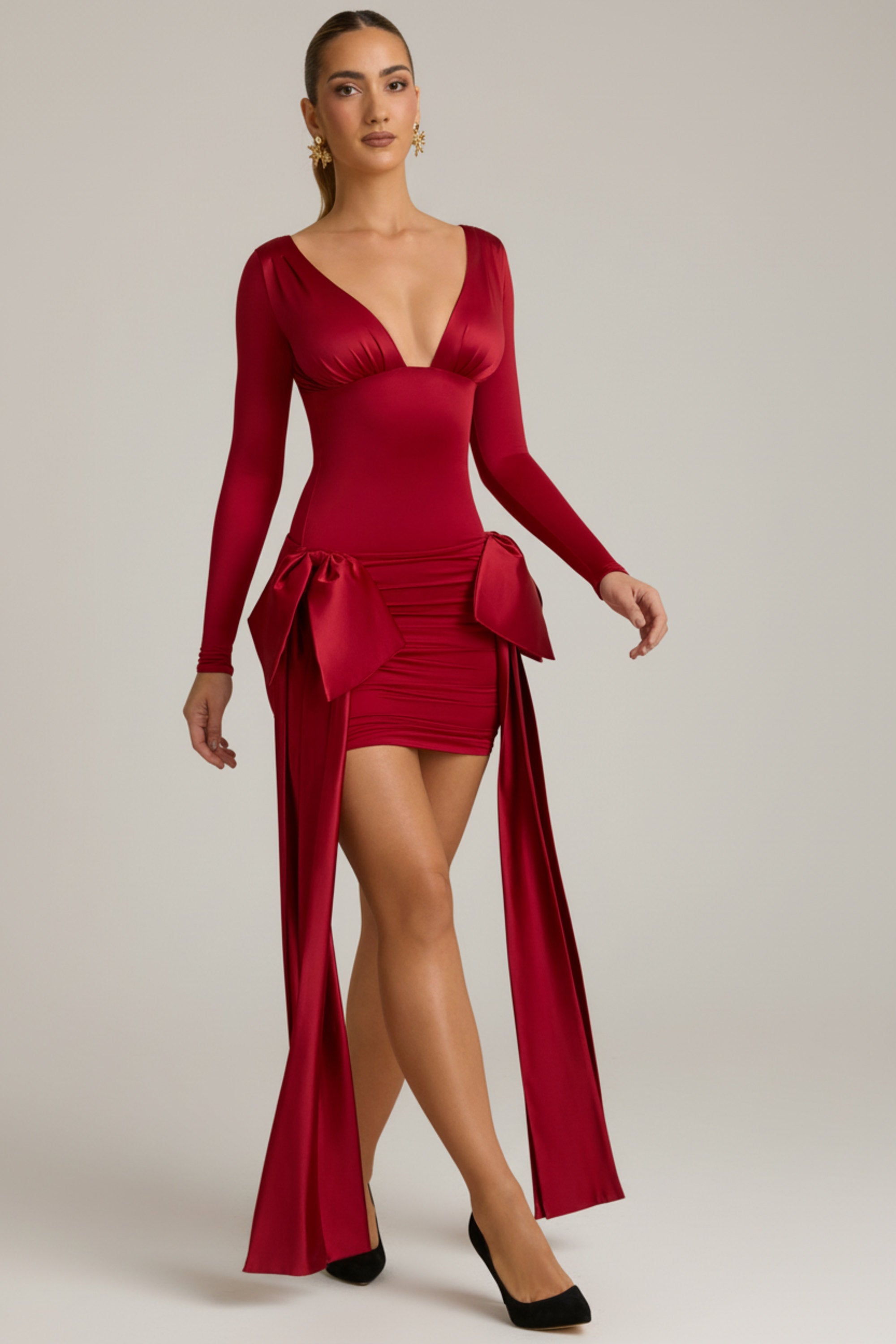 Bow-Detail Ruched Mini Dress in True Red