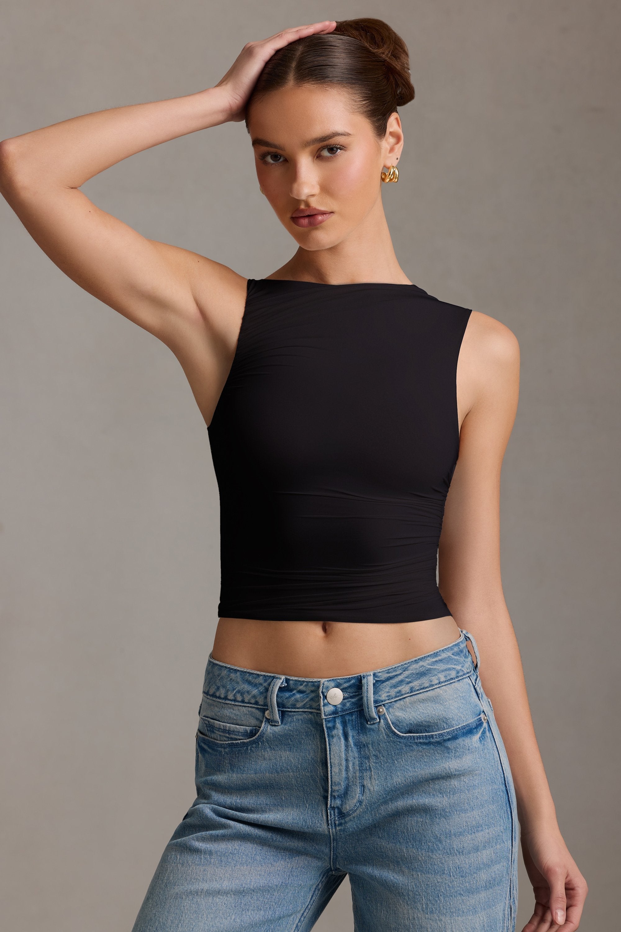 Asymmetric Ruched Tank Top in Black