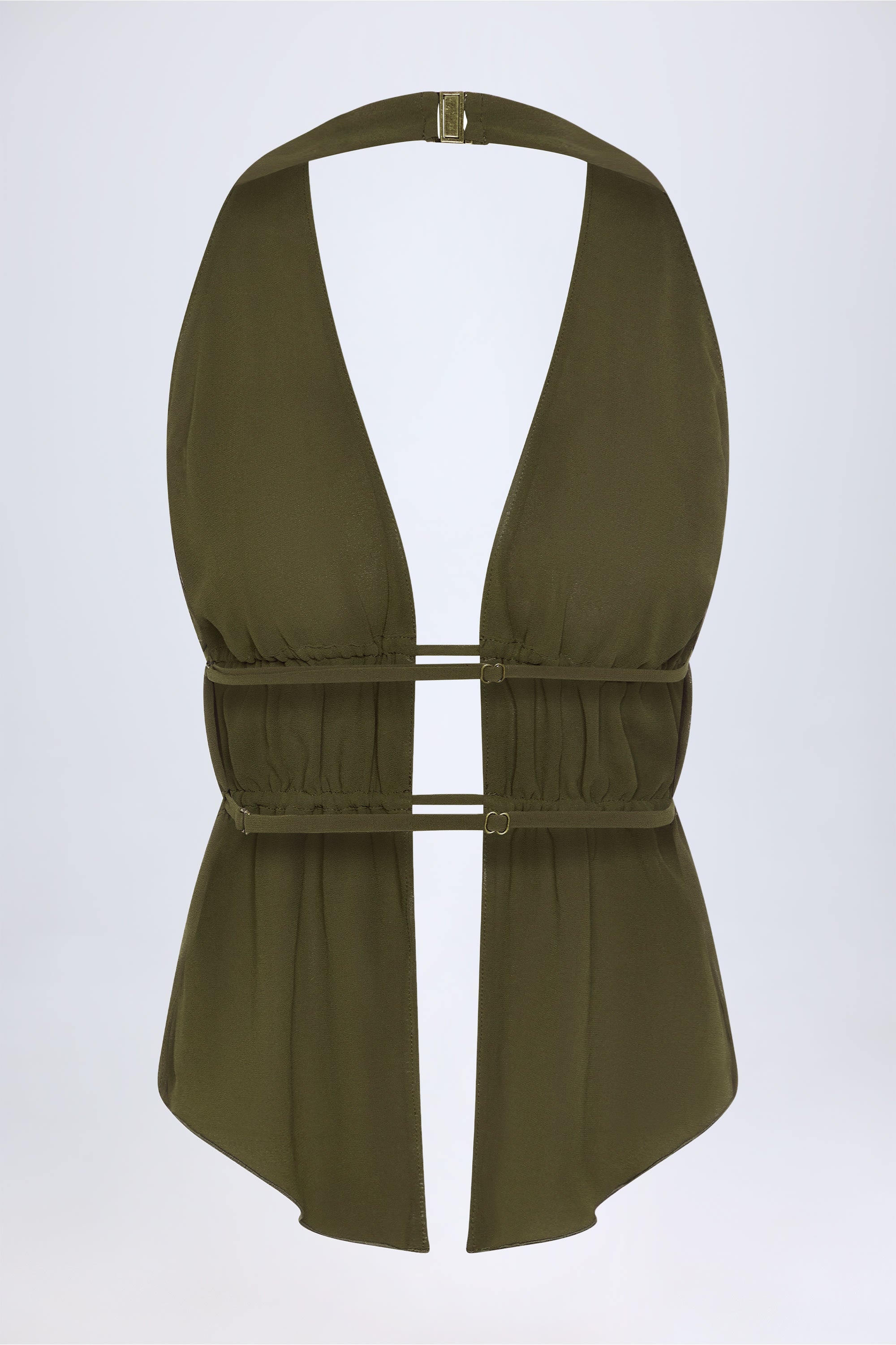 Cut-Out Semi-Sheer Ruched Halterneck Crop Top in Dark Khaki