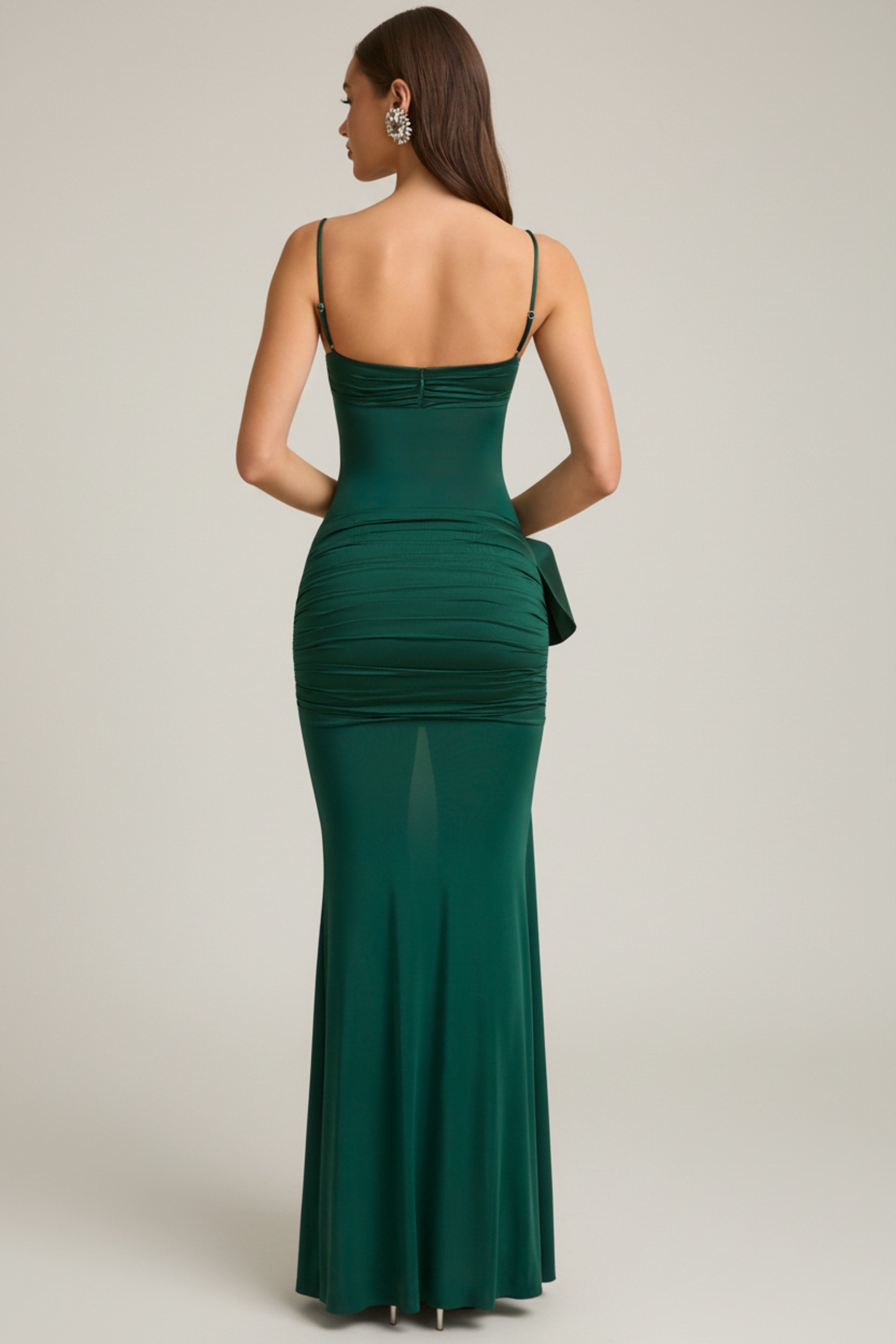 Bow-Detail Ruched Maxi Dress in Emerald Green