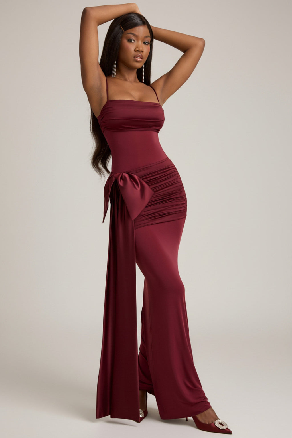 Bow-Detail Ruched Maxi Dress in Wine Red