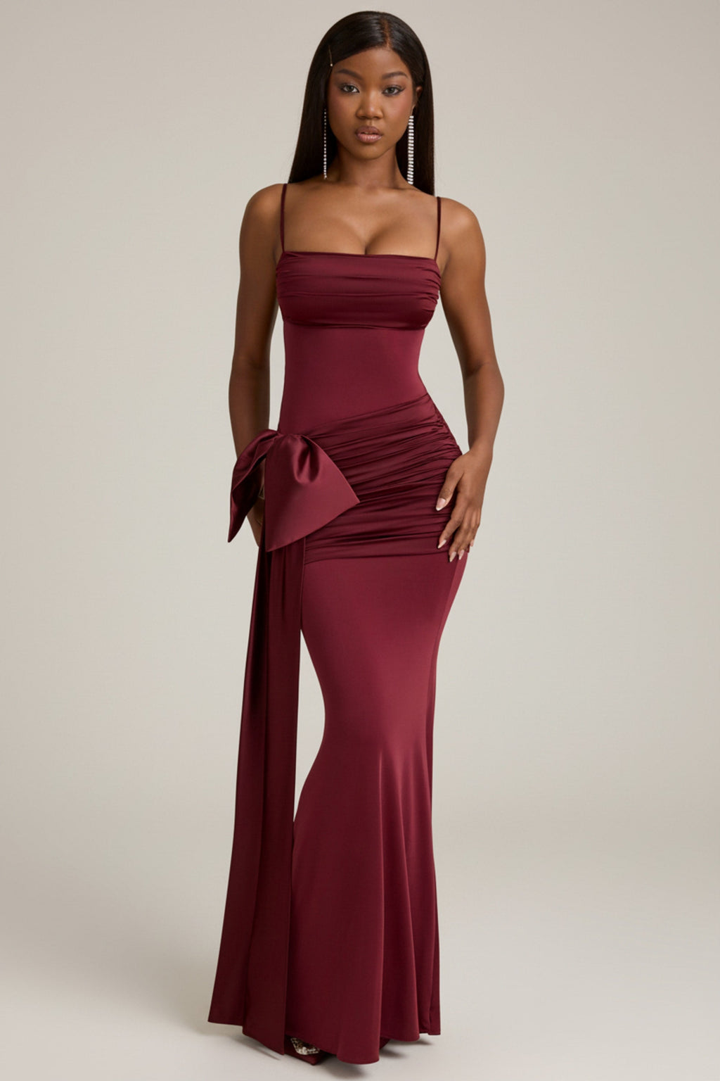 Bow-Detail Ruched Maxi Dress in Wine Red