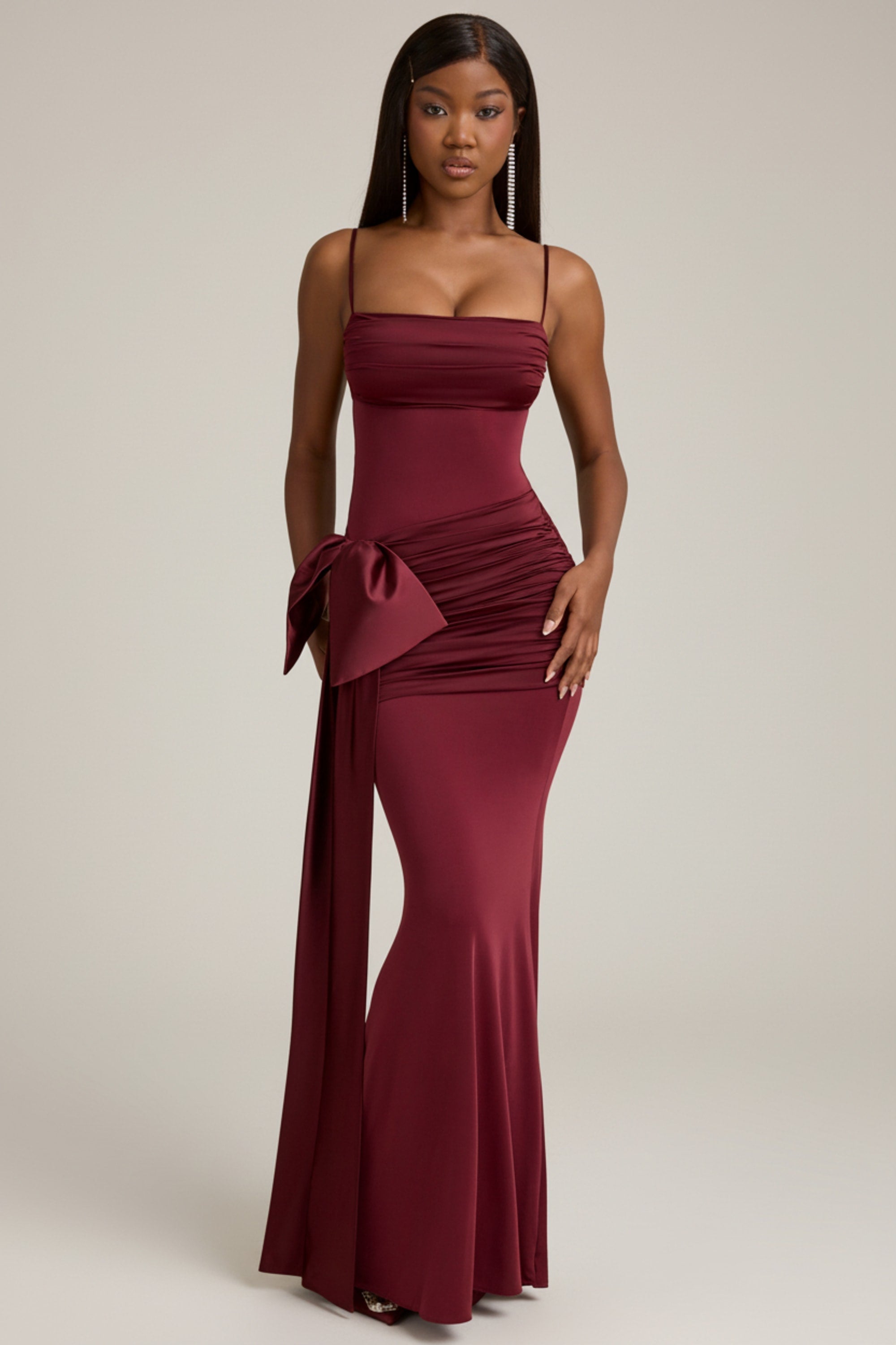 Bow-Detail Ruched Maxi Dress in Wine Red