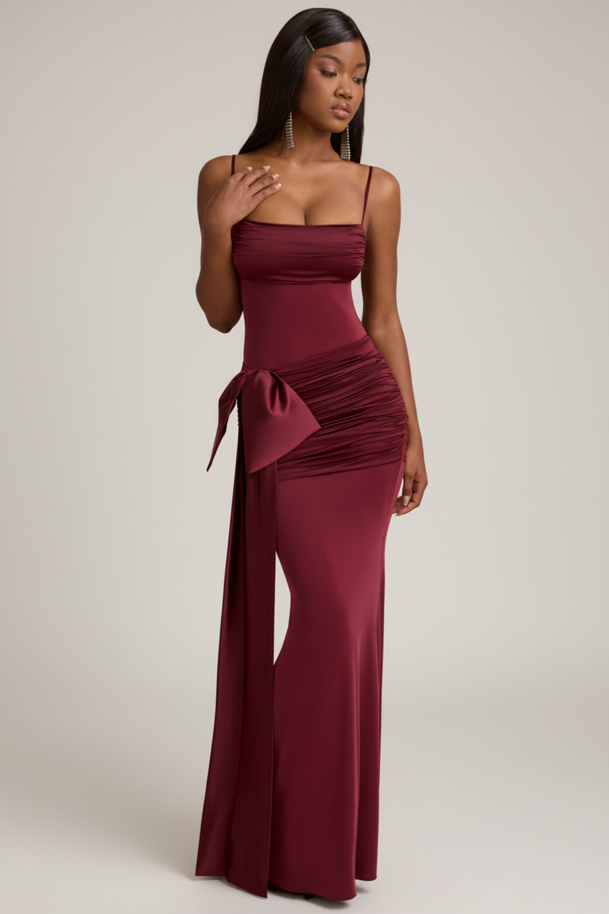 Bow-Detail Ruched Maxi Dress in Wine Red