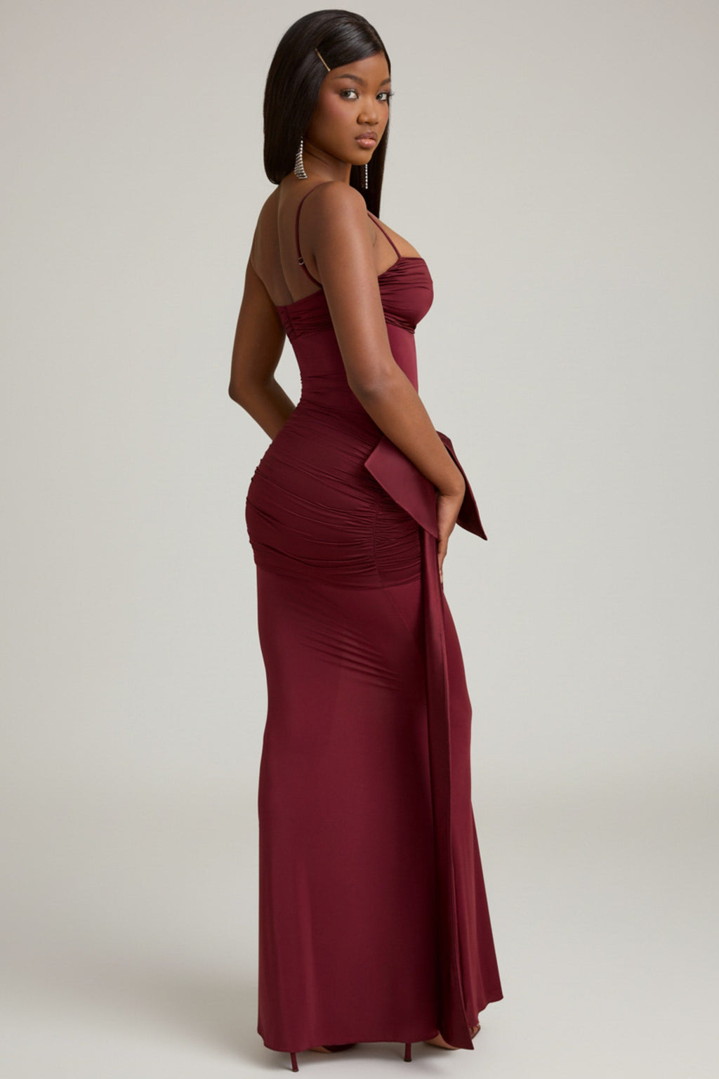 Bow-Detail Ruched Maxi Dress in Wine Red