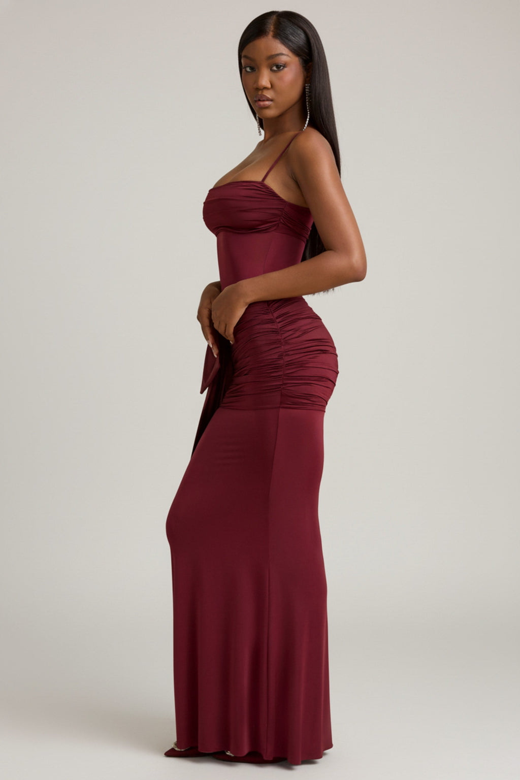 Bow-Detail Ruched Maxi Dress in Wine Red