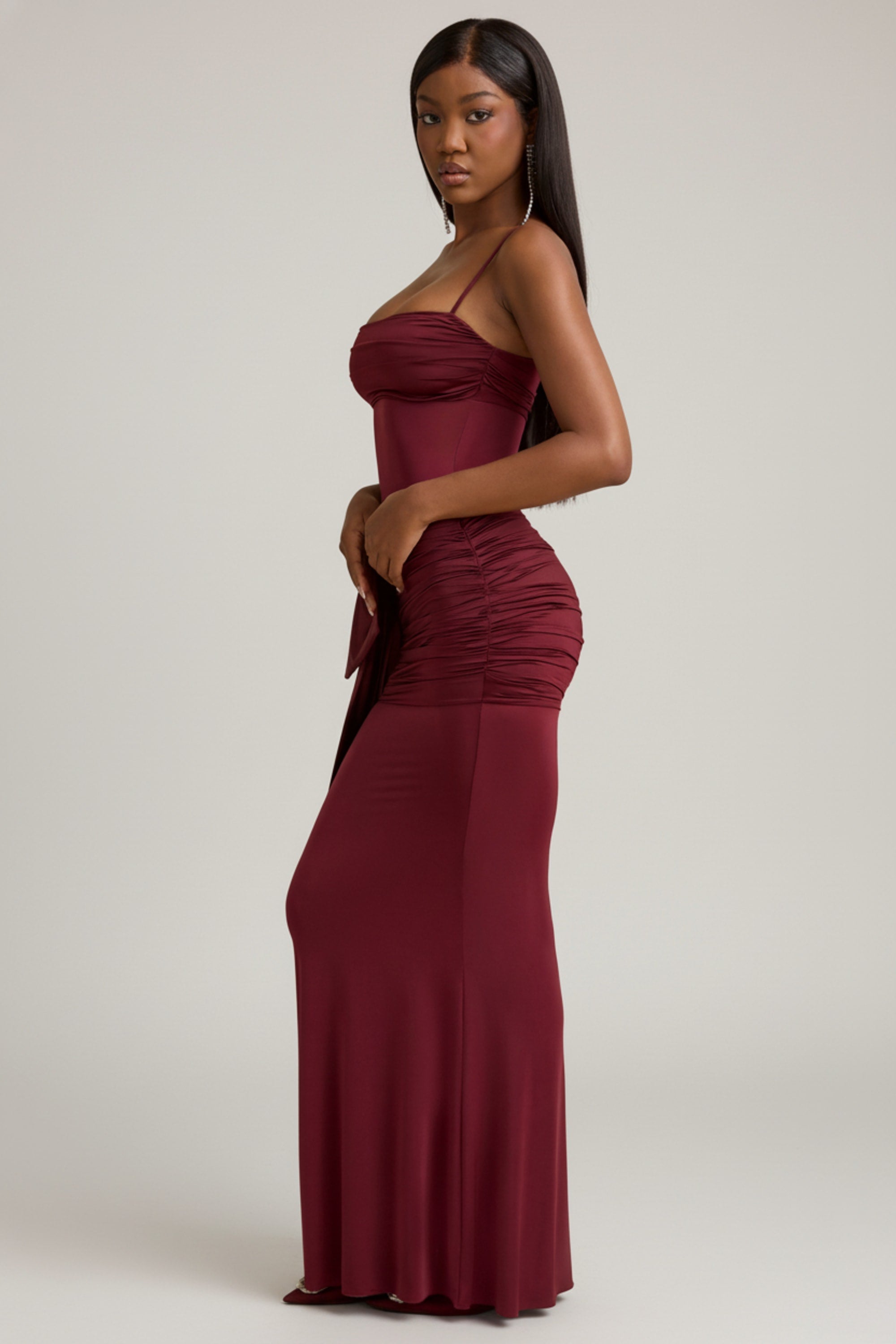 Bow-Detail Ruched Maxi Dress in Wine Red