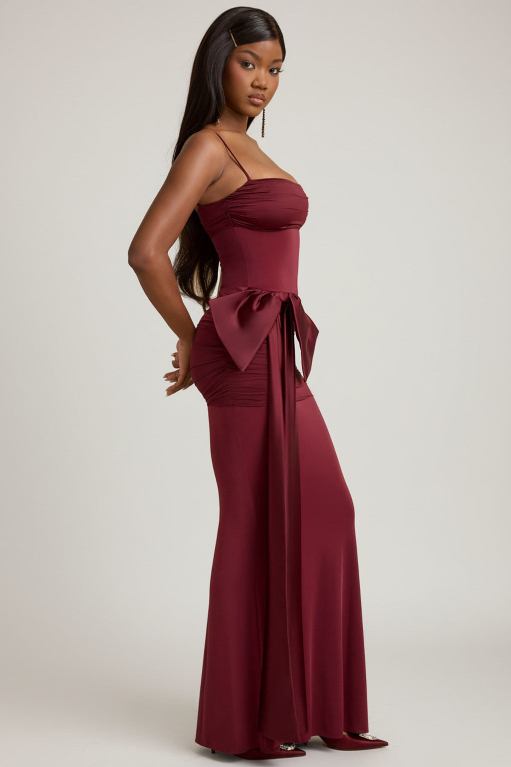Bow-Detail Ruched Maxi Dress in Wine Red