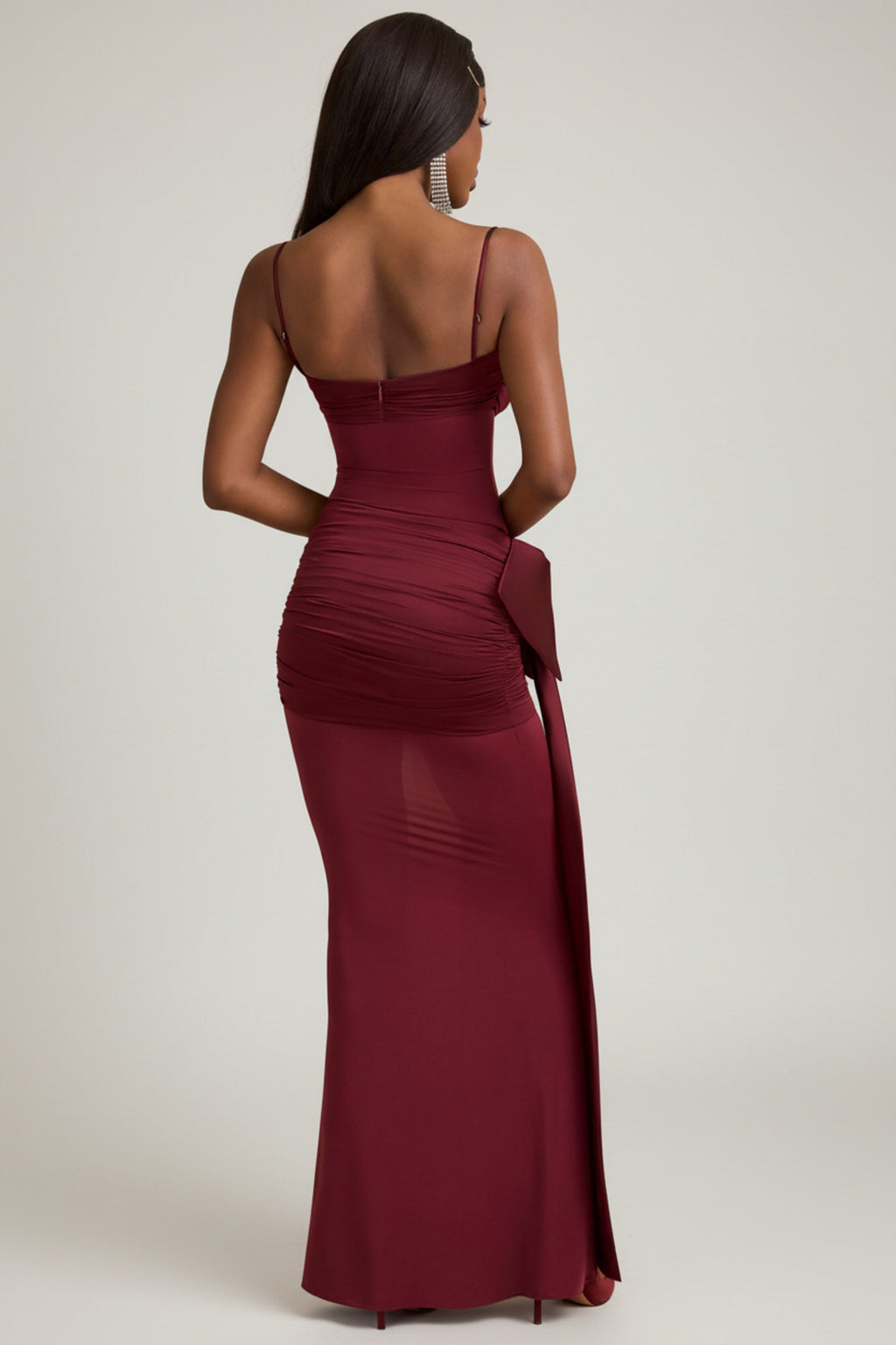 Bow-Detail Ruched Maxi Dress in Wine Red
