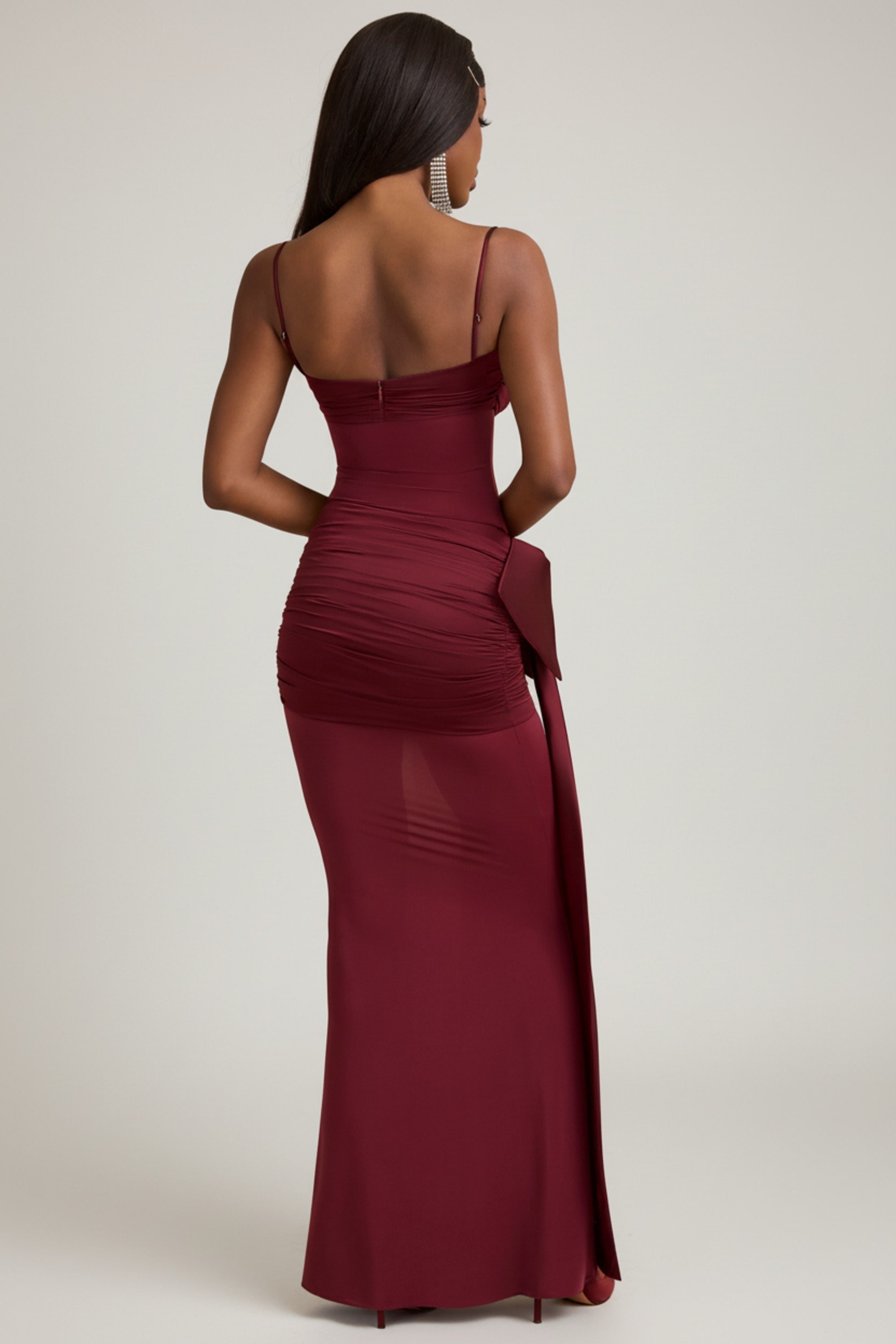 Bow-Detail Ruched Maxi Dress in Wine Red