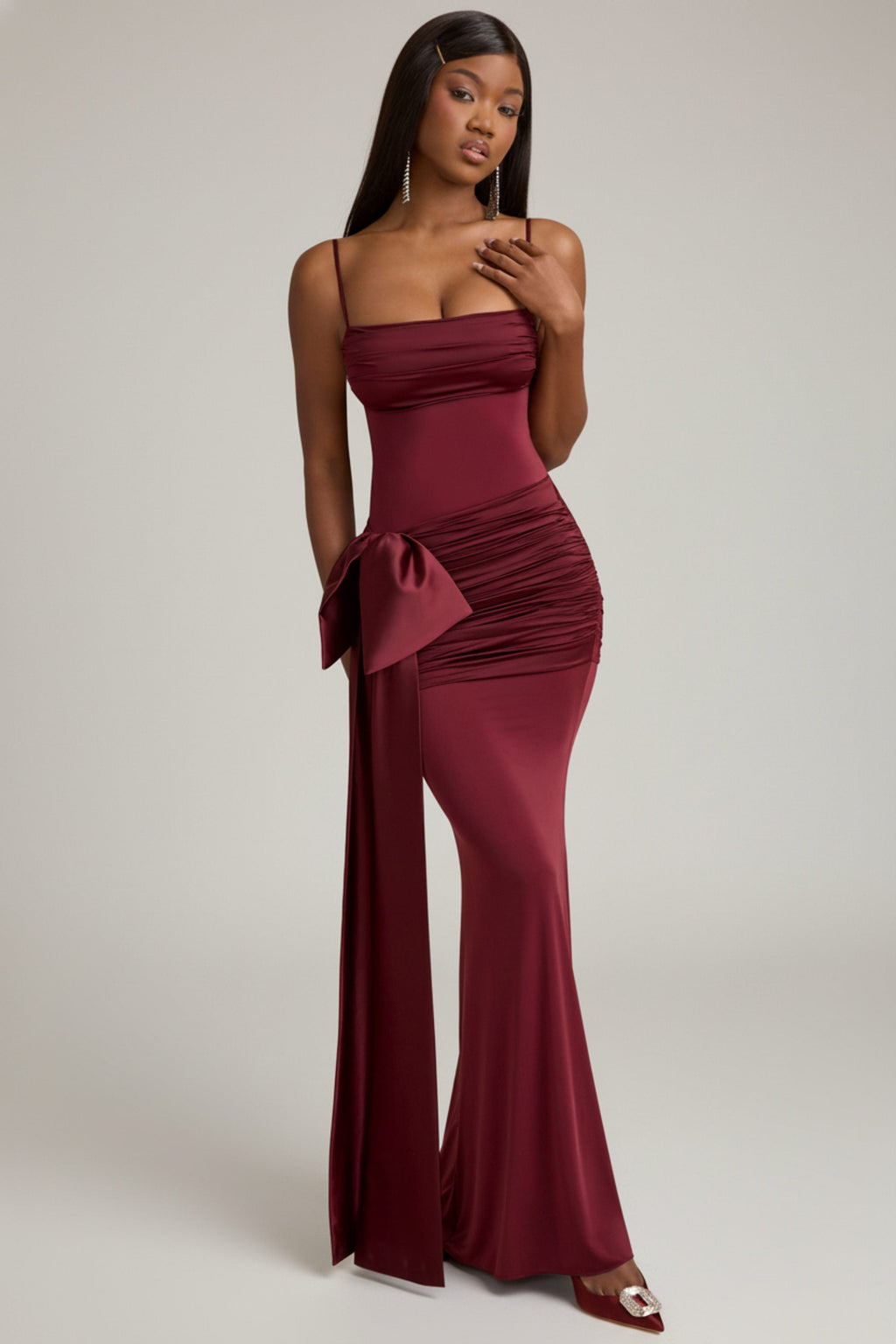 Bow-Detail Ruched Maxi Dress in Wine Red