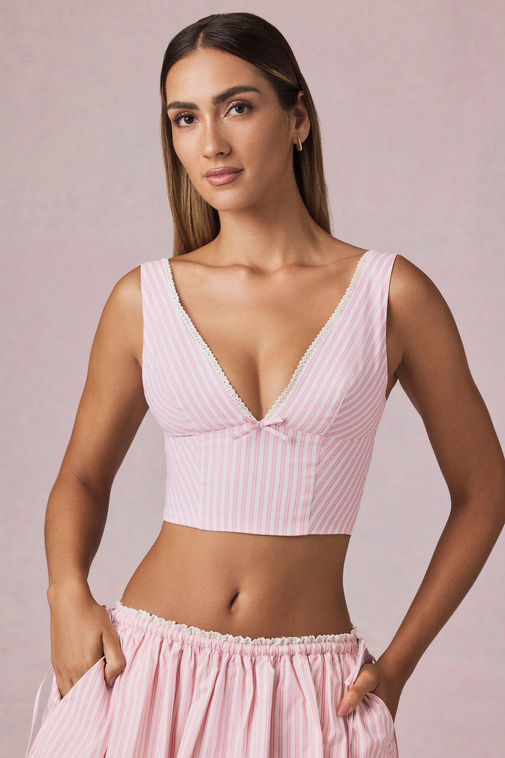 Bow-Detail Crop Top in Soft Mauve Stripe