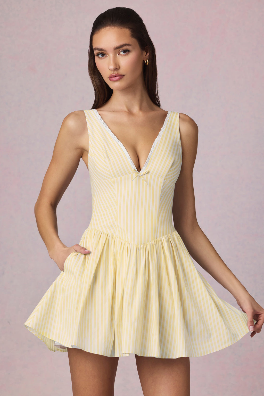 Bow-Detail A-Line Mini Dress in Lemon Yellow Stripe