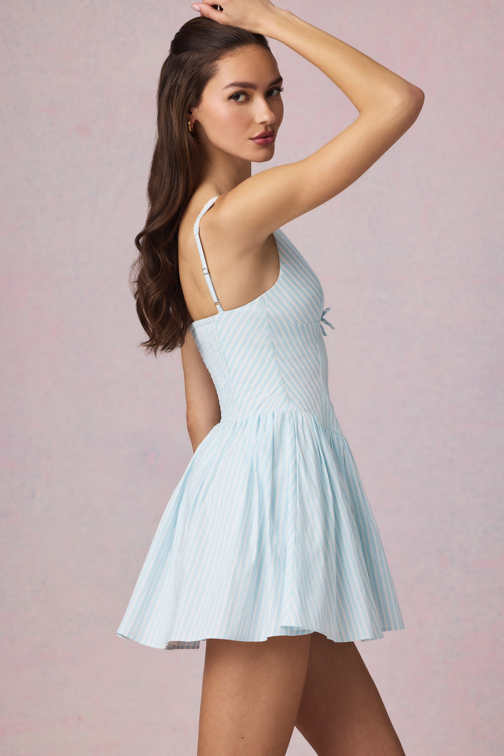 Bow-Detail A-Line Mini Dress in Powder Blue Stripe