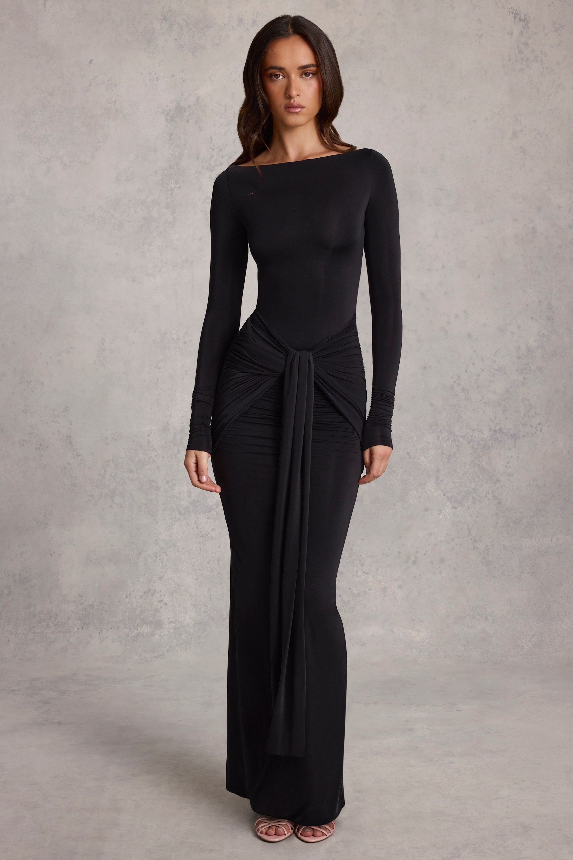 Draped Ruched Maxi Dress in Black