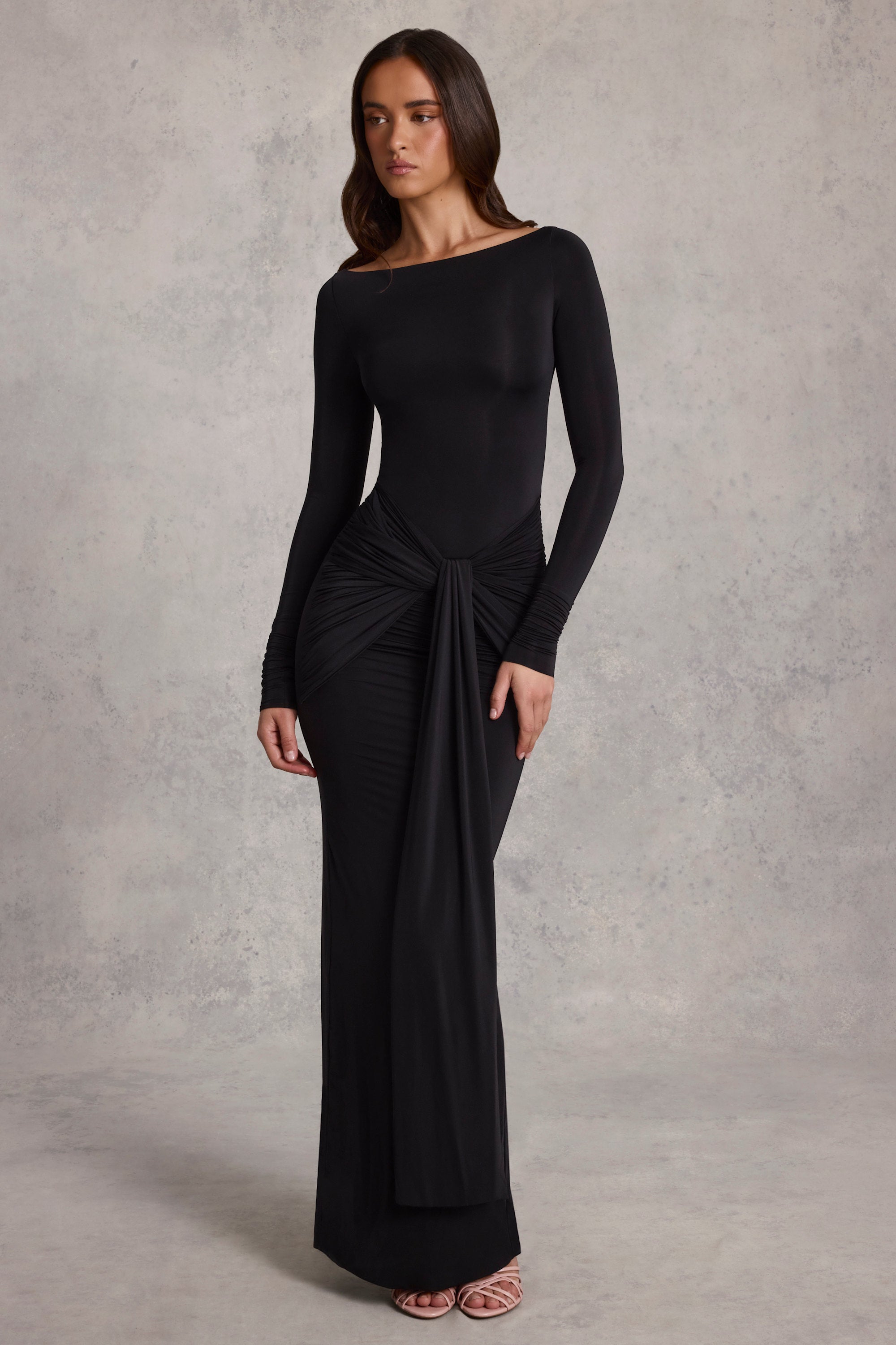 Draped Ruched Maxi Dress in Black