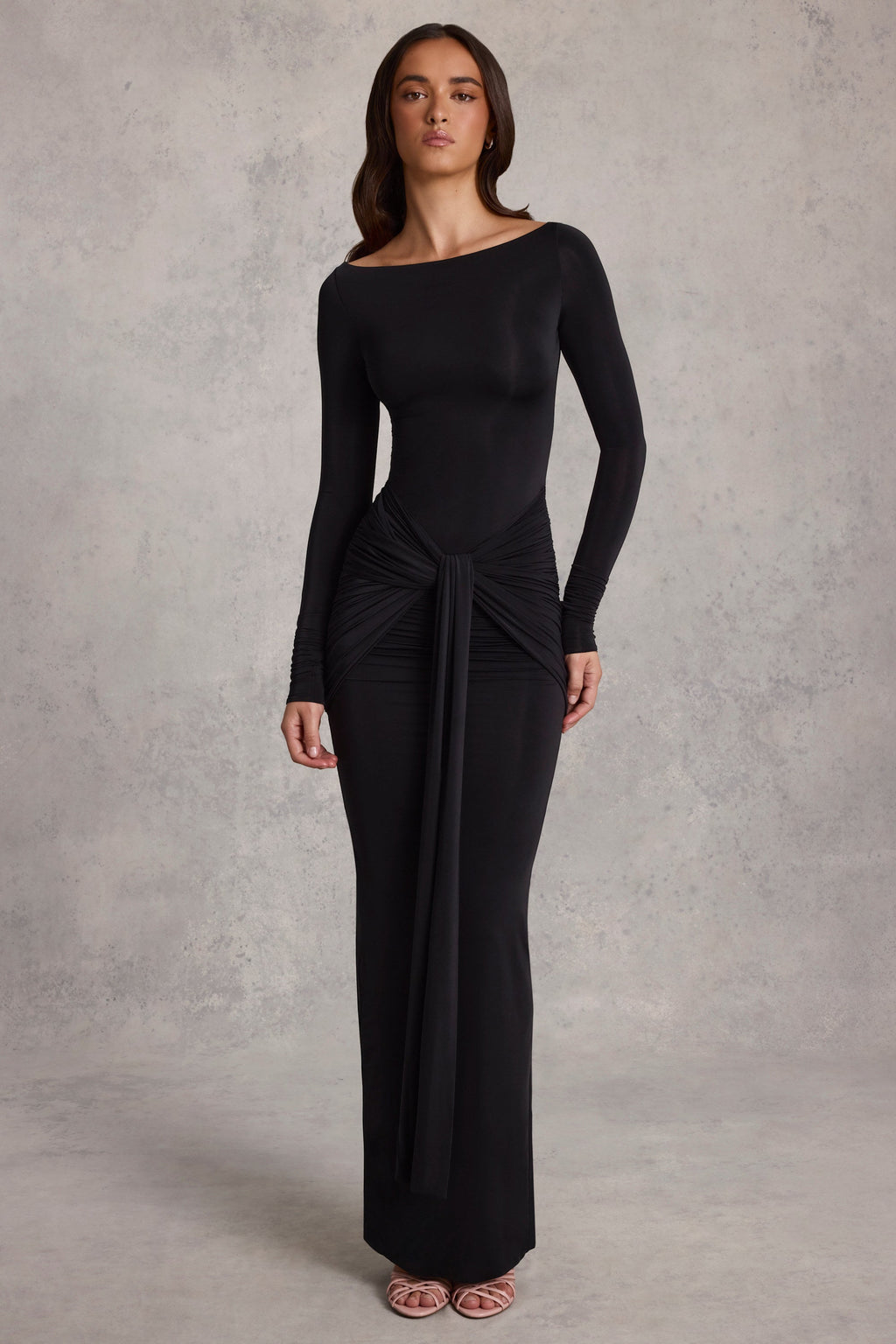 Draped Ruched Maxi Dress in Black