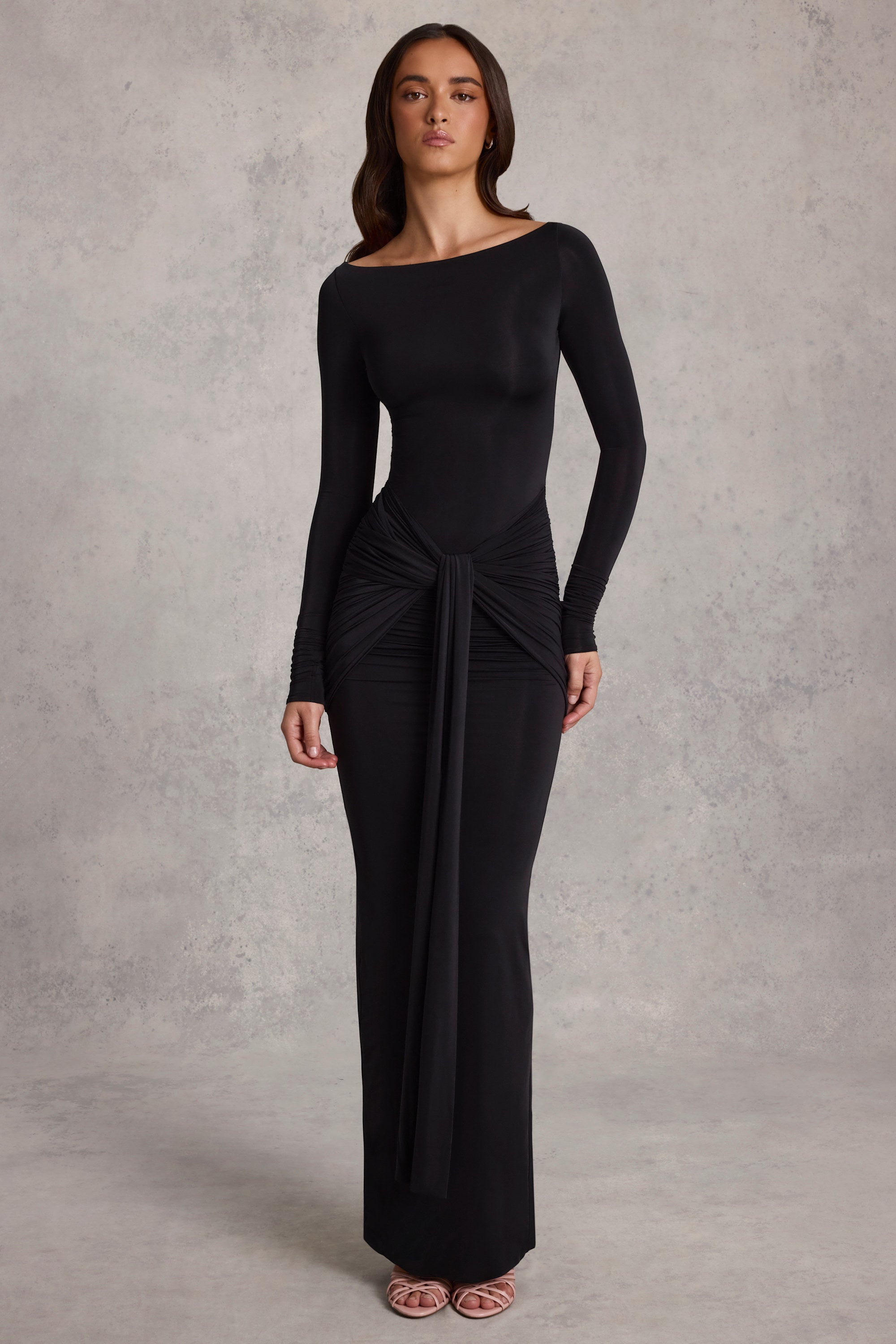 Draped Ruched Maxi Dress in Black