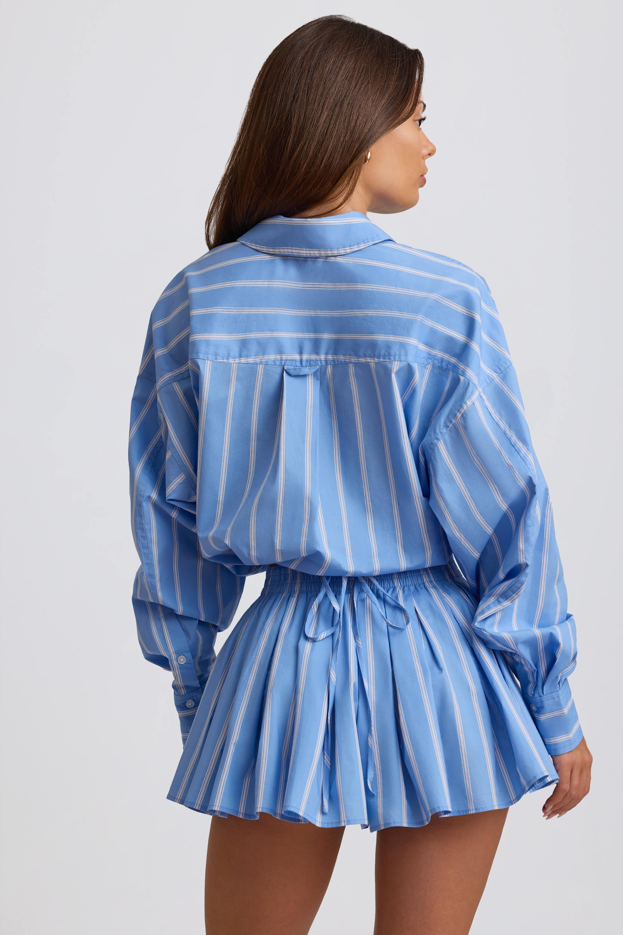 Cotton Poplin Stripe Multiway Cropped Shirt in Blue Stripe