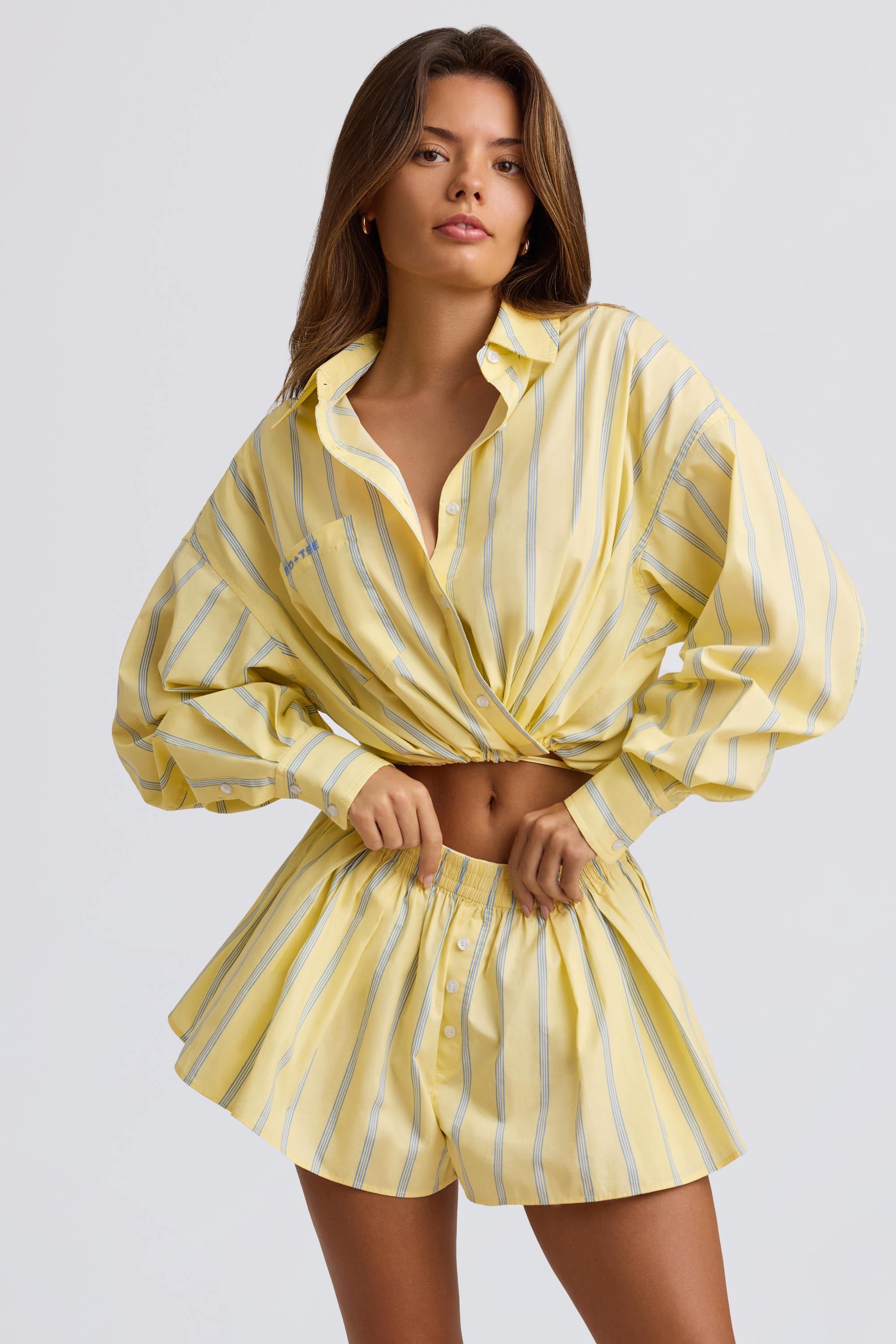 Cotton Poplin Stripe Multiway Cropped Shirt in Yellow Stripe