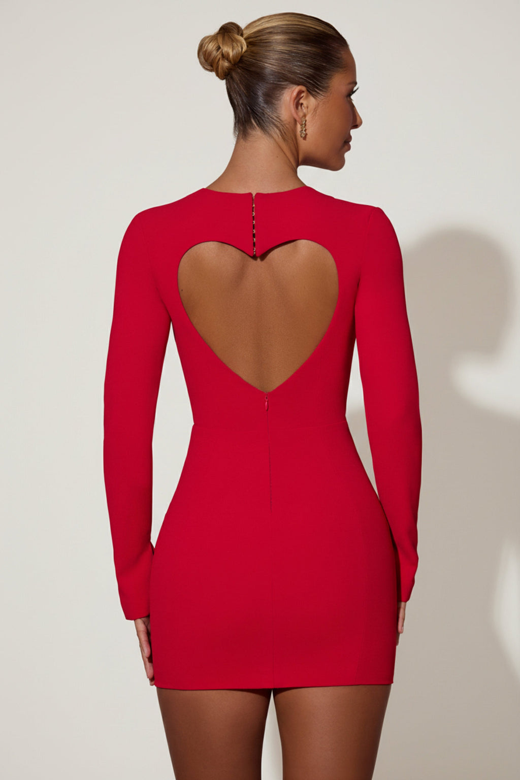 Cut-Out Heart-Detail Bodycon Mini Dress in Red