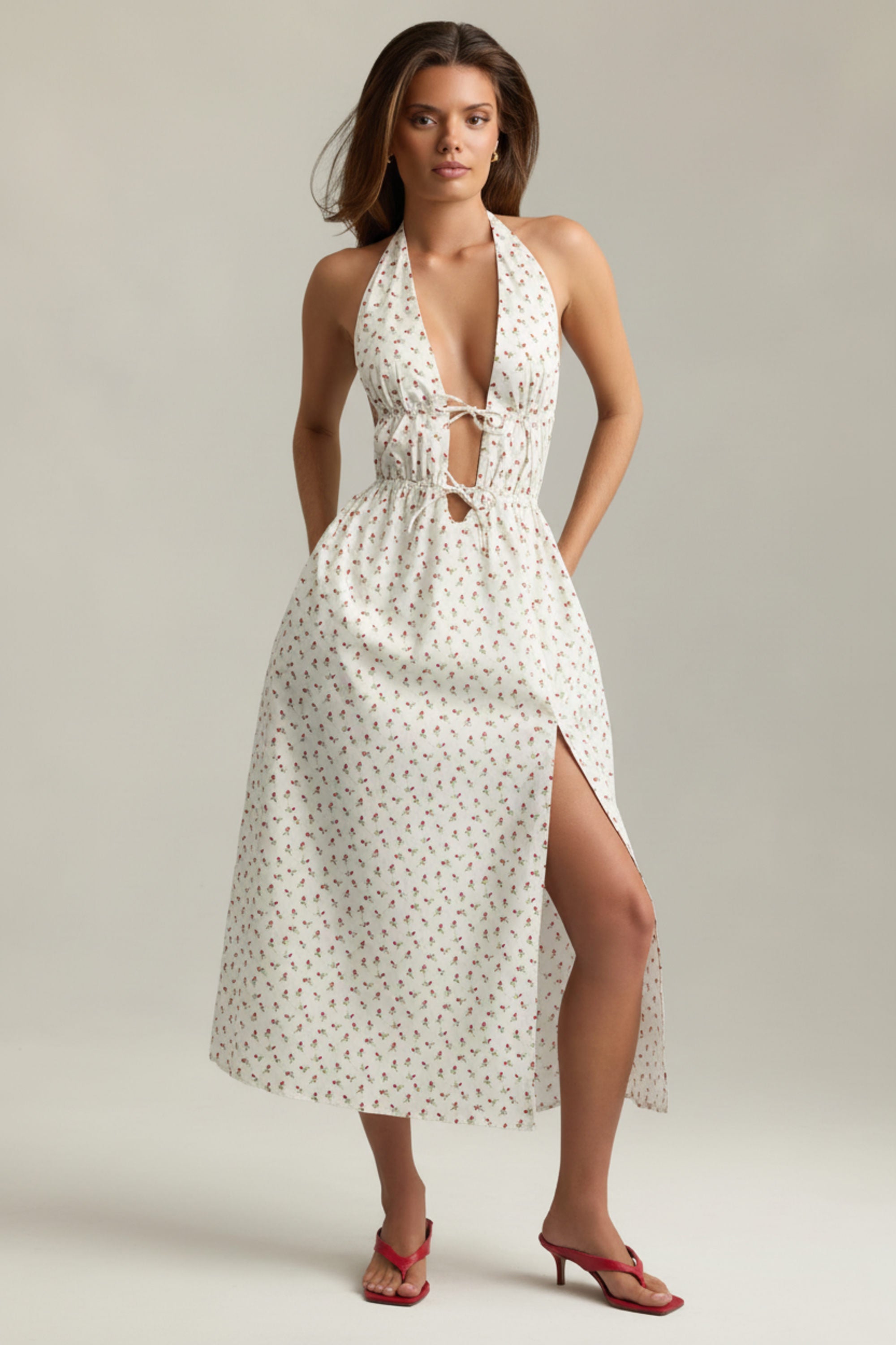 Backless Cotton-Poplin Midaxi Dress in Rose Print