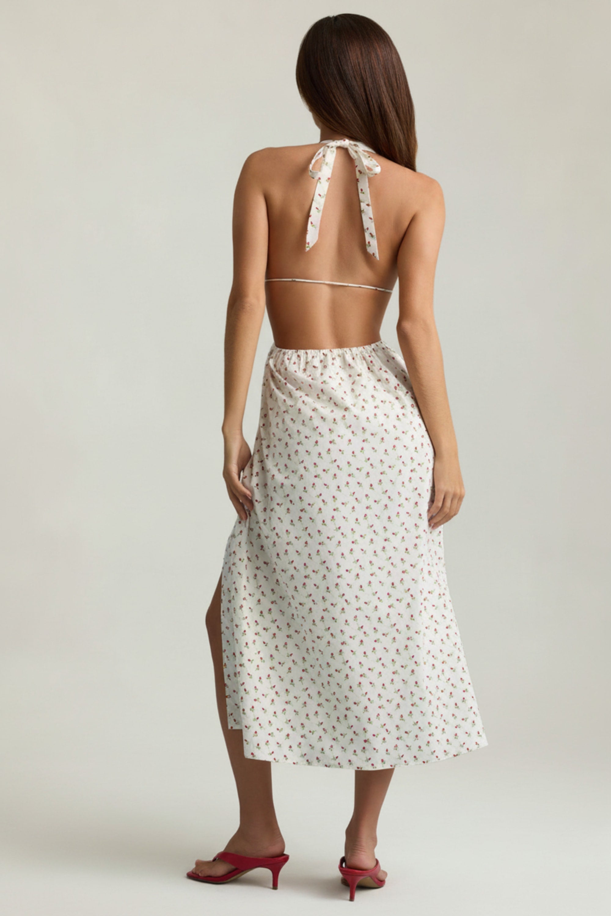 Backless Cotton-Poplin Midaxi Dress in Rose Print