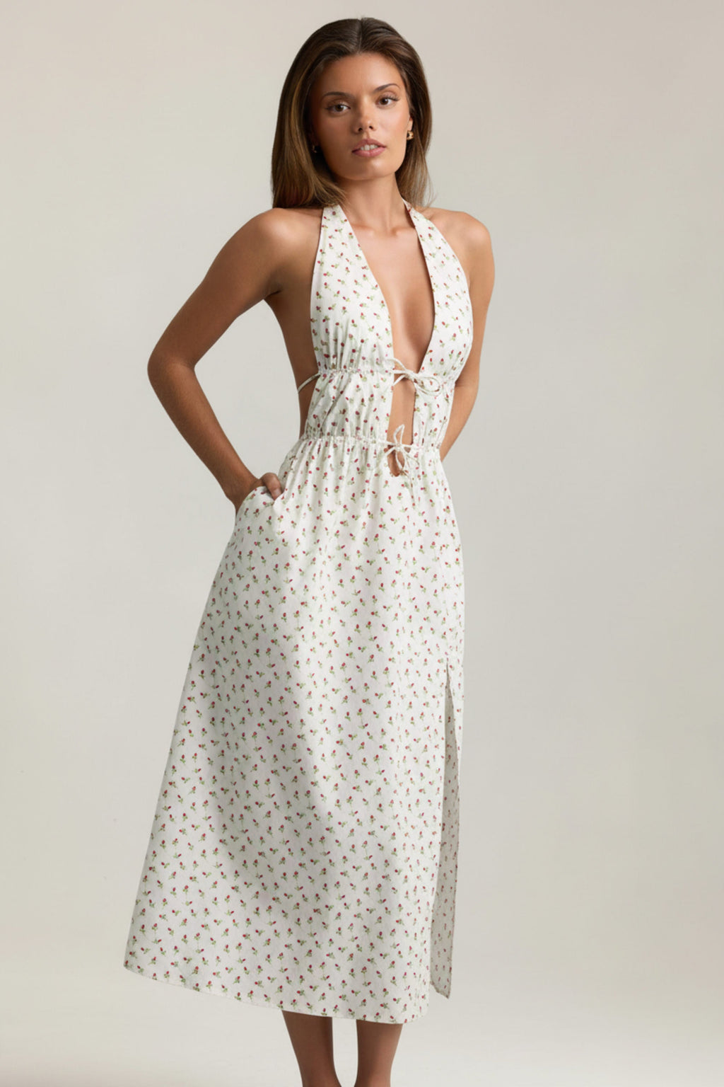 Backless Cotton-Poplin Midaxi Dress in Rose Print