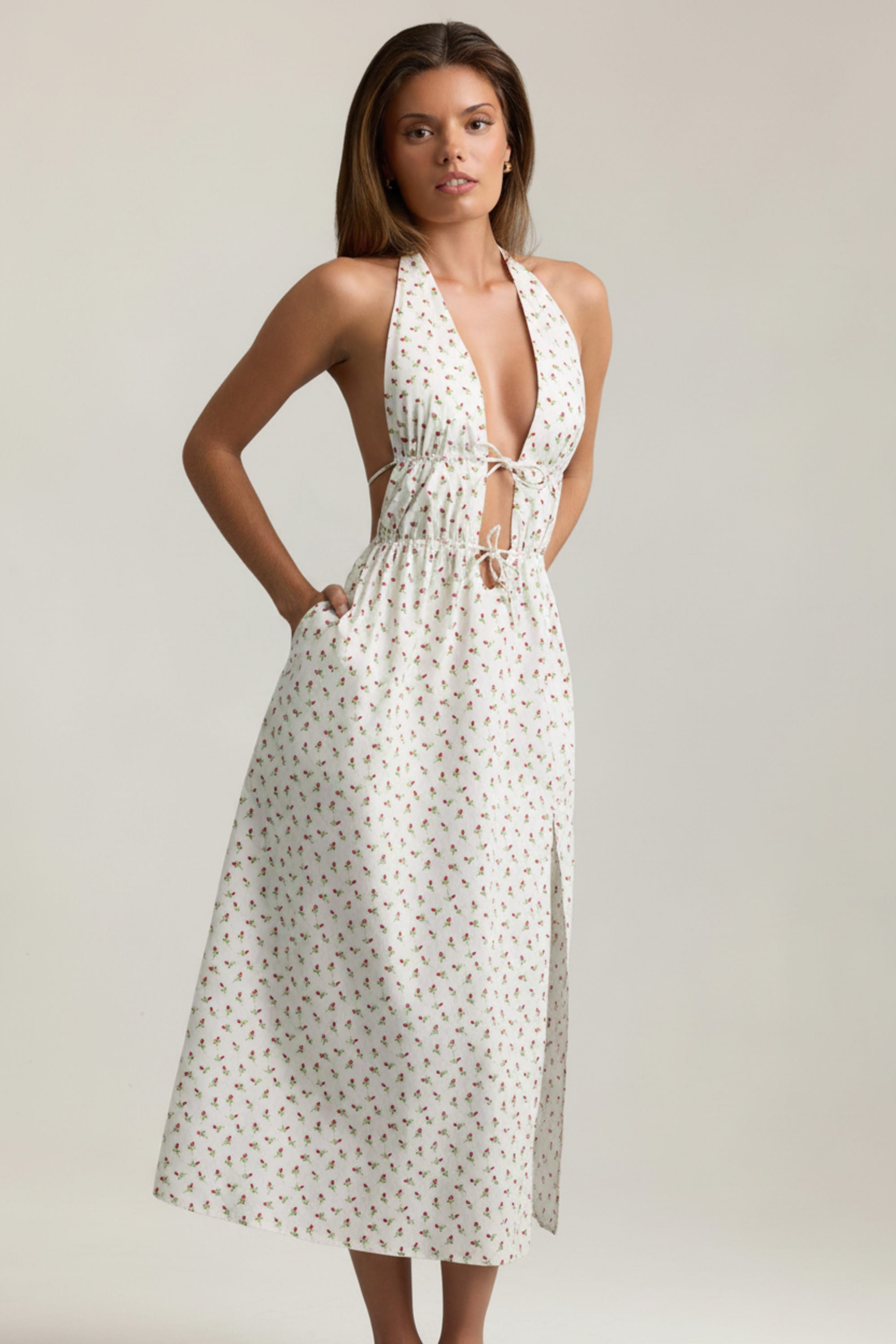 Backless Cotton-Poplin Midaxi Dress in Rose Print