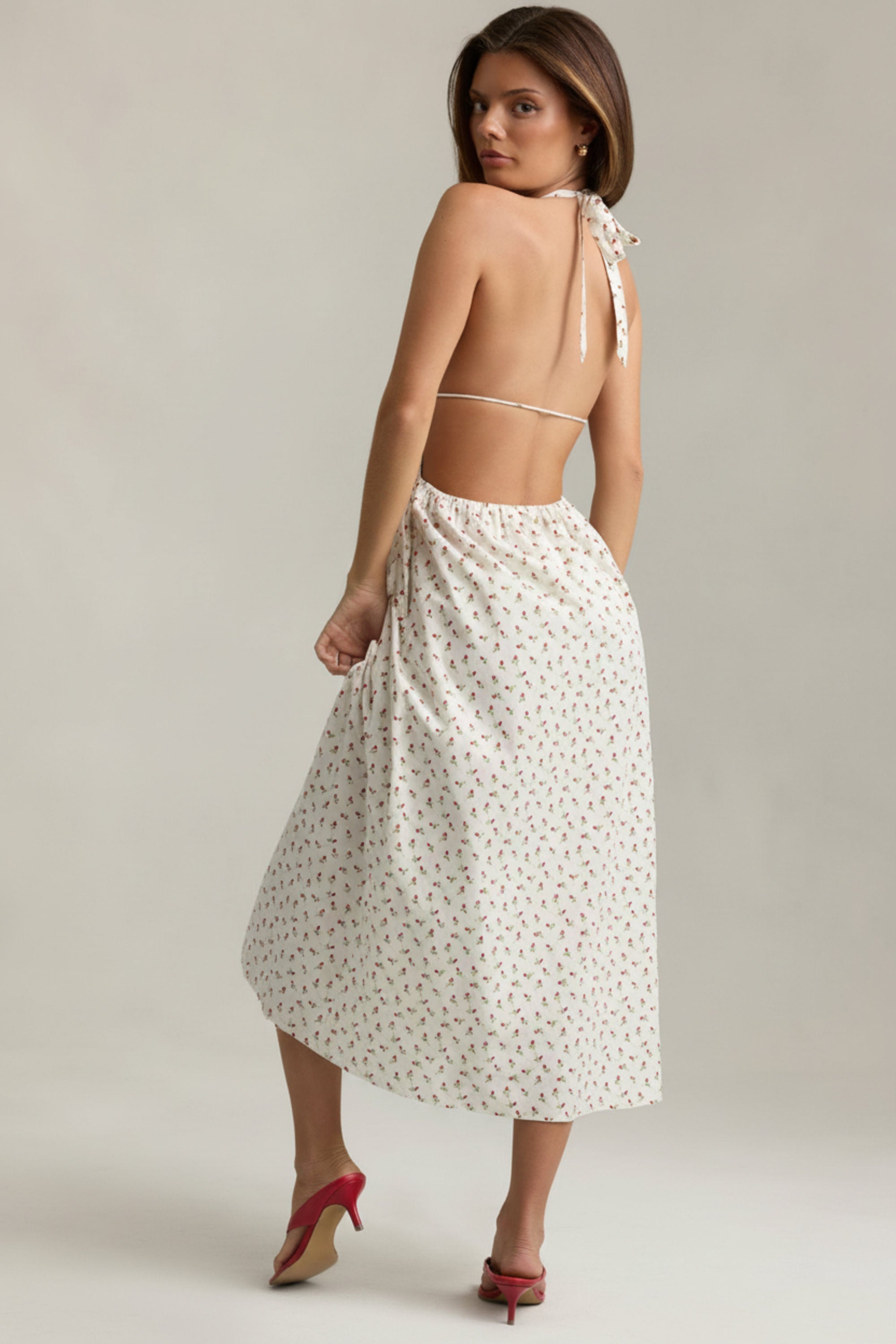 Backless Cotton-Poplin Midaxi Dress in Rose Print