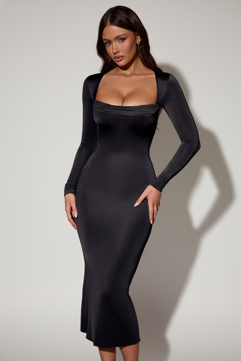 Cowl-Neck Long-Sleeve Midaxi Dress in Black
