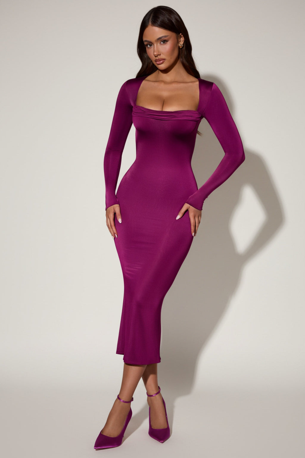 Cowl-Neck Long-Sleeve Midaxi Dress in Plum