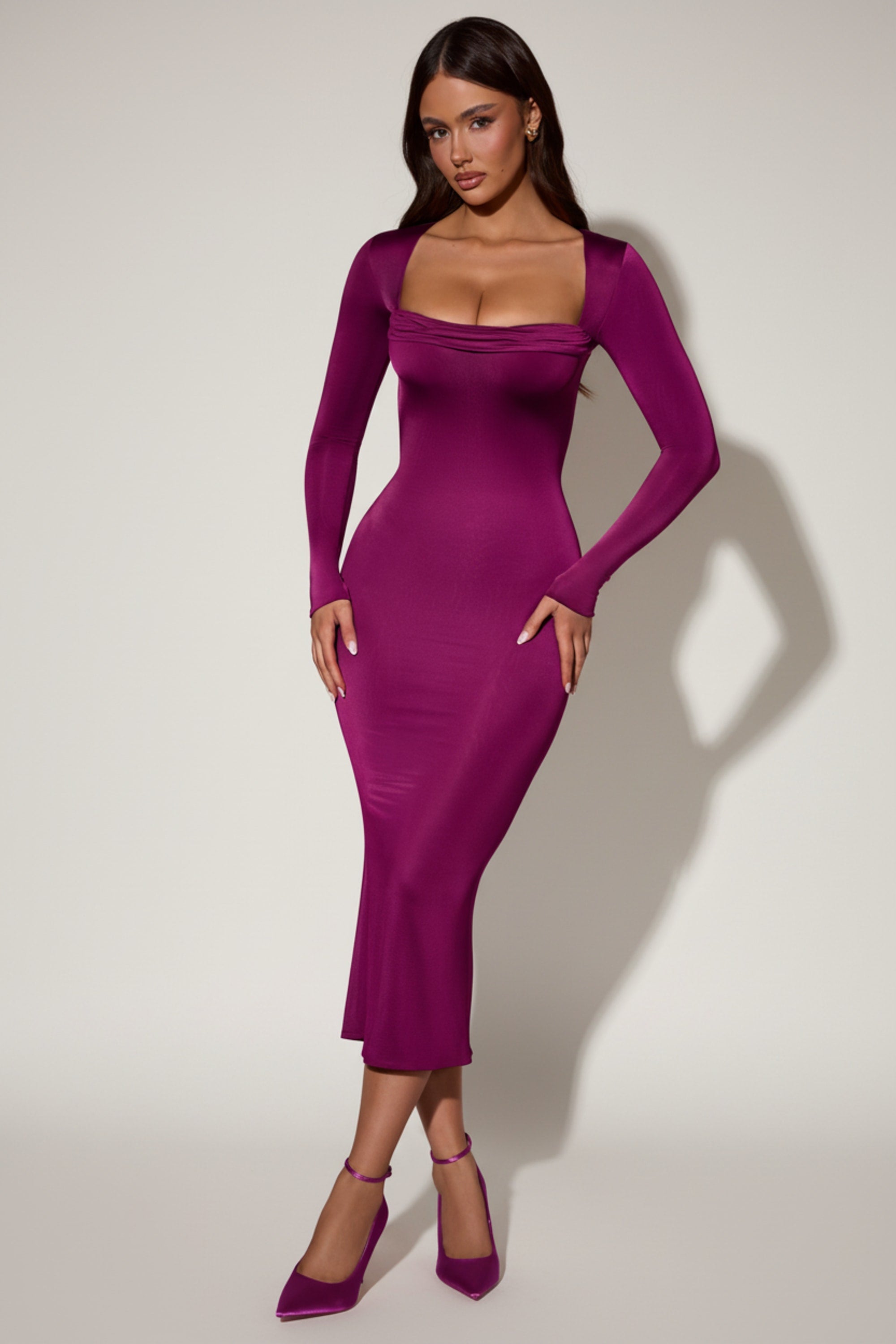 Cowl-Neck Long-Sleeve Midaxi Dress in Plum