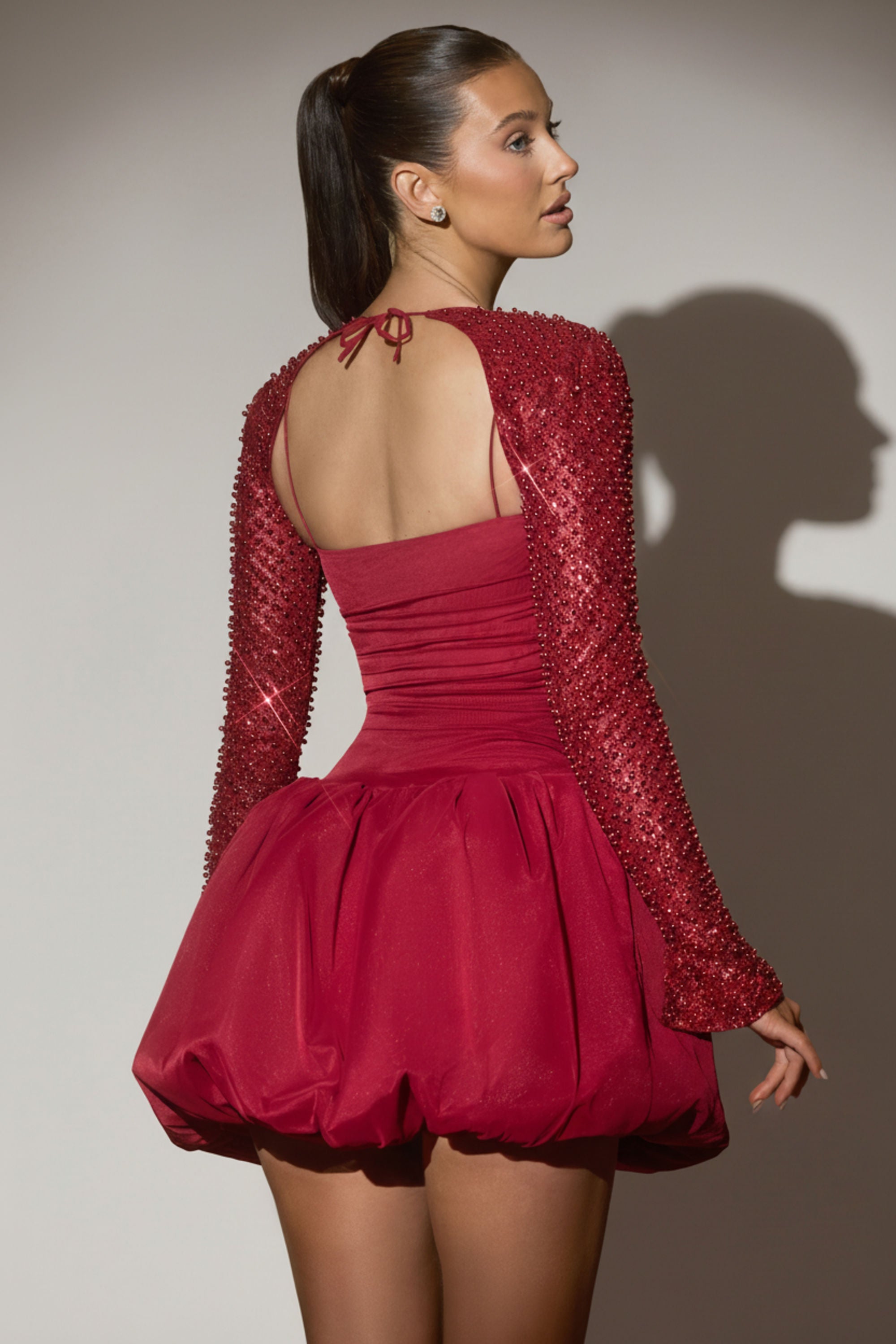 Embellished Bubble Hem Mini Dress in Red