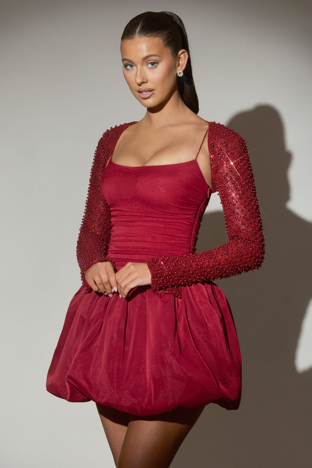 Embellished Bubble Hem Mini Dress in Red