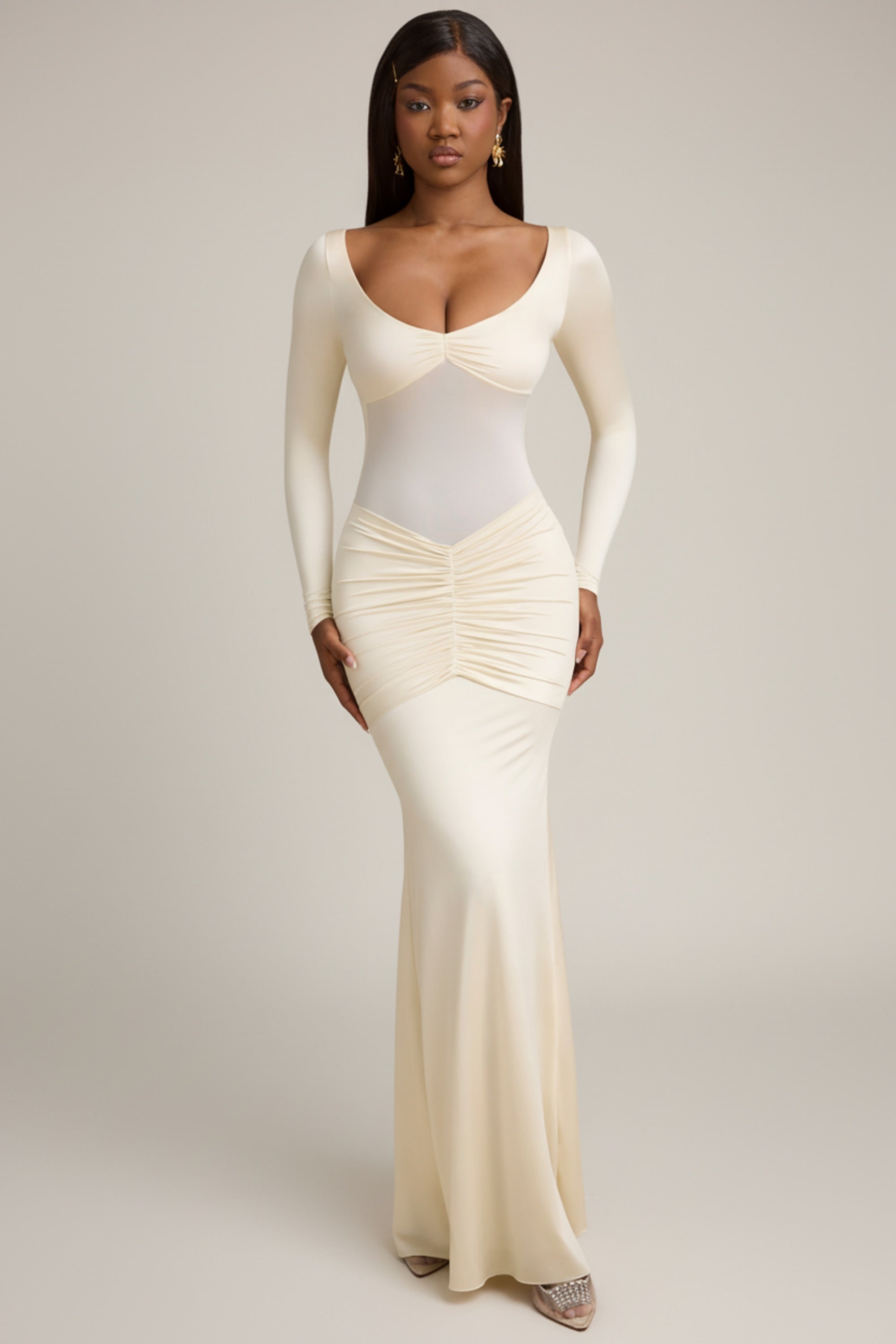 Bow-Detail Ruched Maxi Dress in Ivory