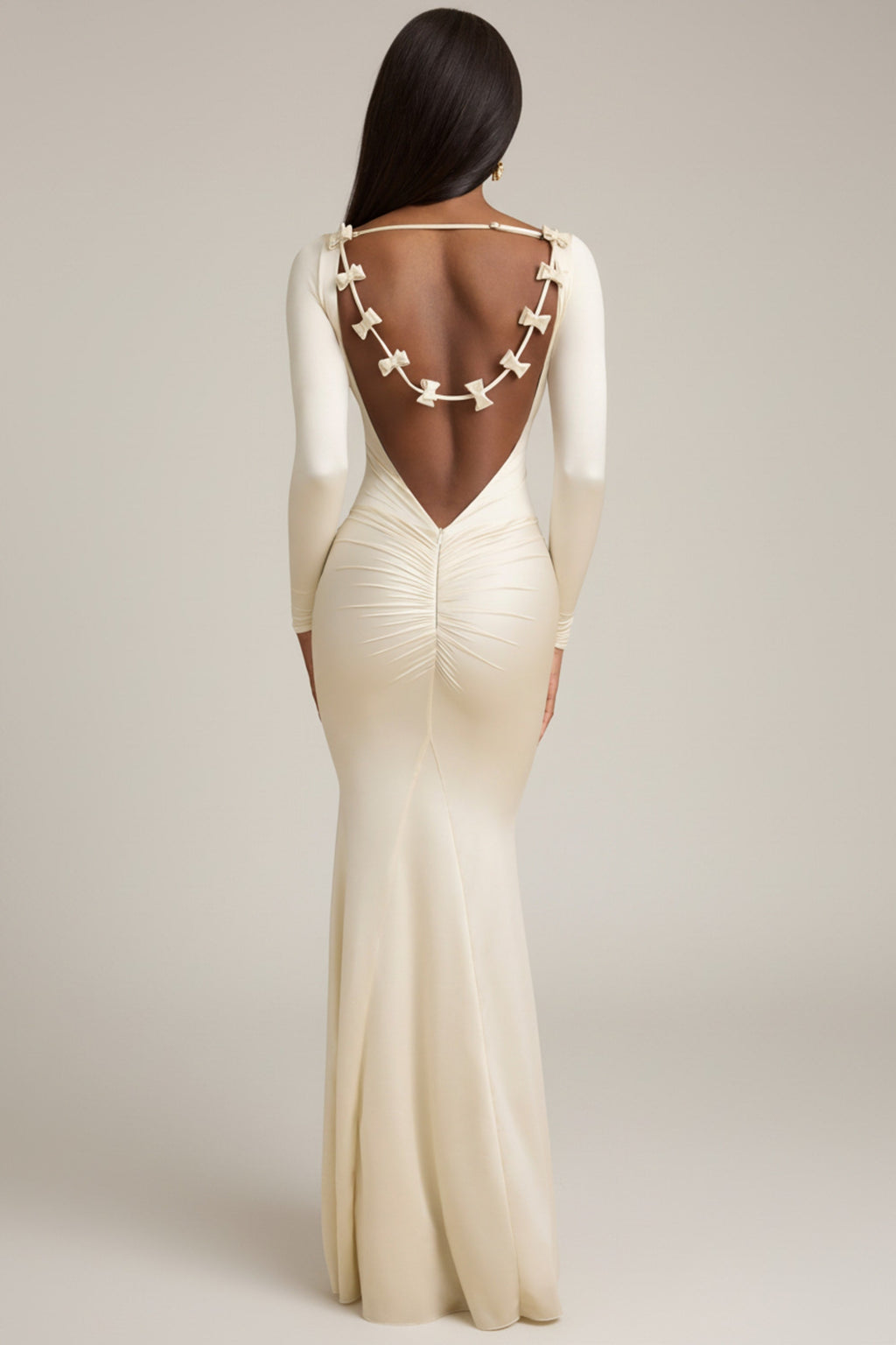 Bow-Detail Ruched Maxi Dress in Ivory