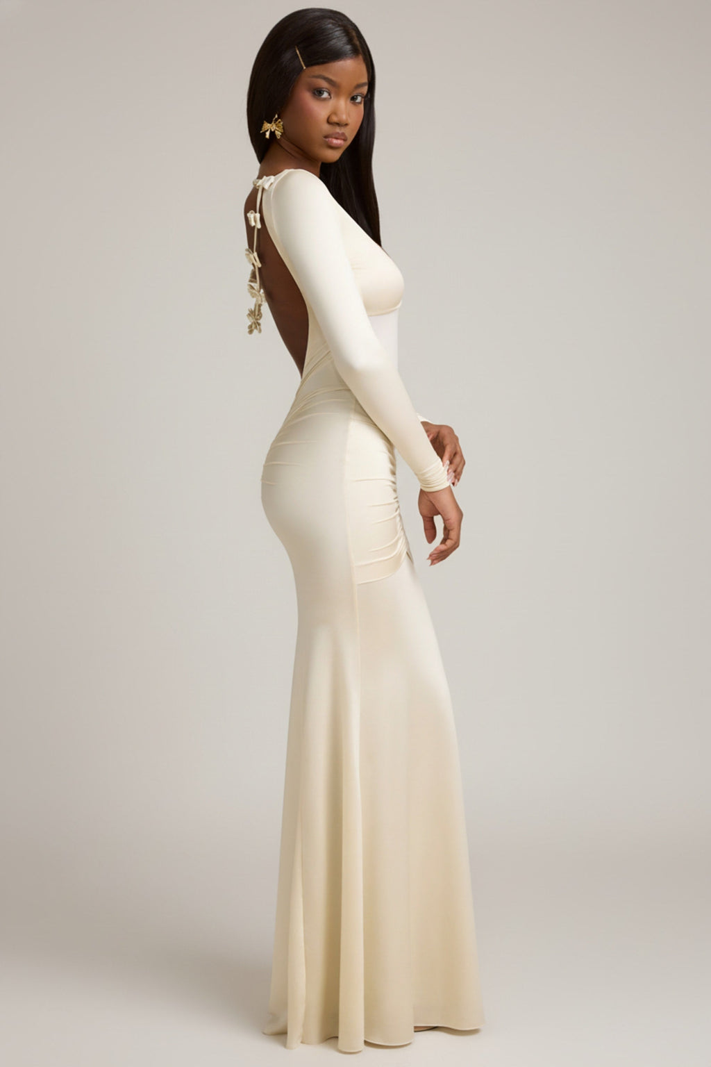 Bow-Detail Ruched Maxi Dress in Ivory