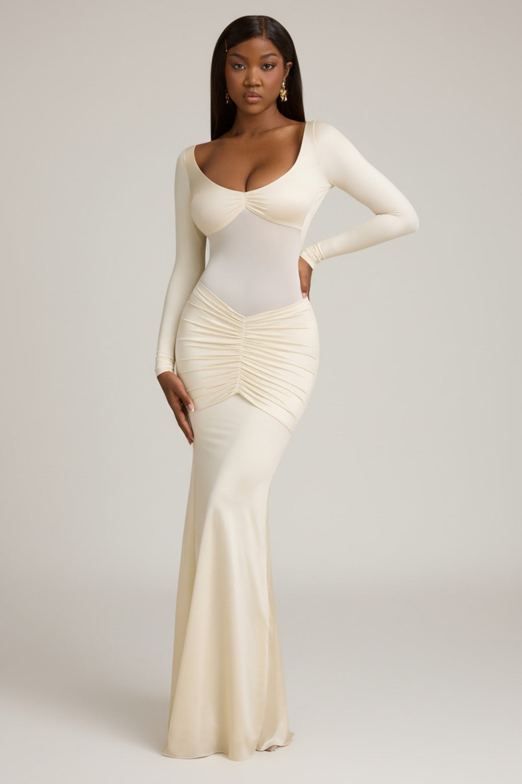 Bow-Detail Ruched Maxi Dress in Ivory