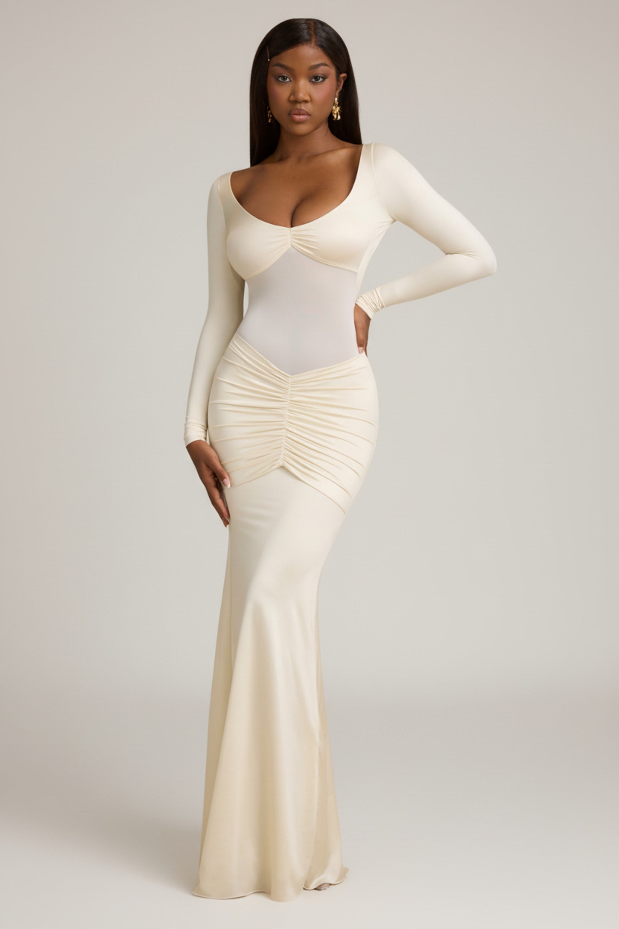 Bow-Detail Ruched Maxi Dress in Ivory