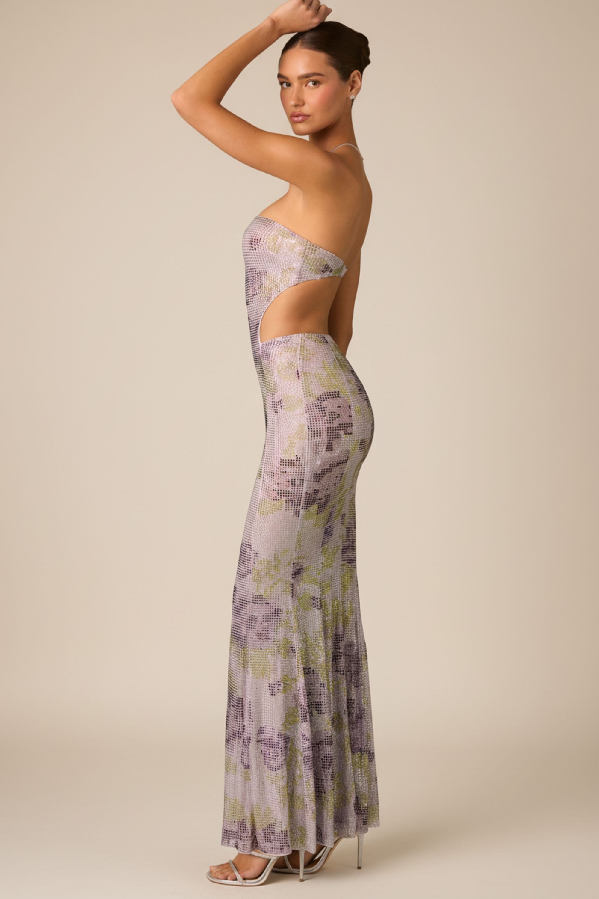 Embellished Cut-Out Fishtail Maxi Dress in Lilac